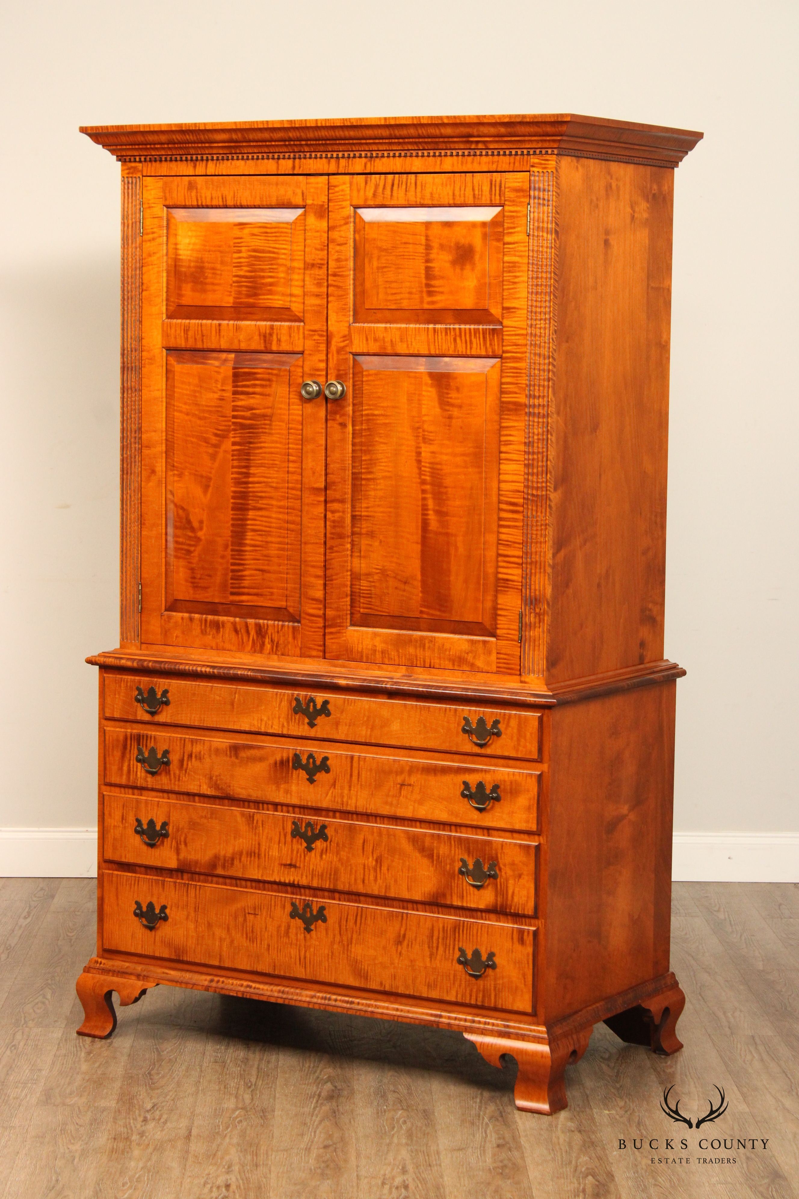 The Federalist Chippendale Style Large Tiger Maple Armoire