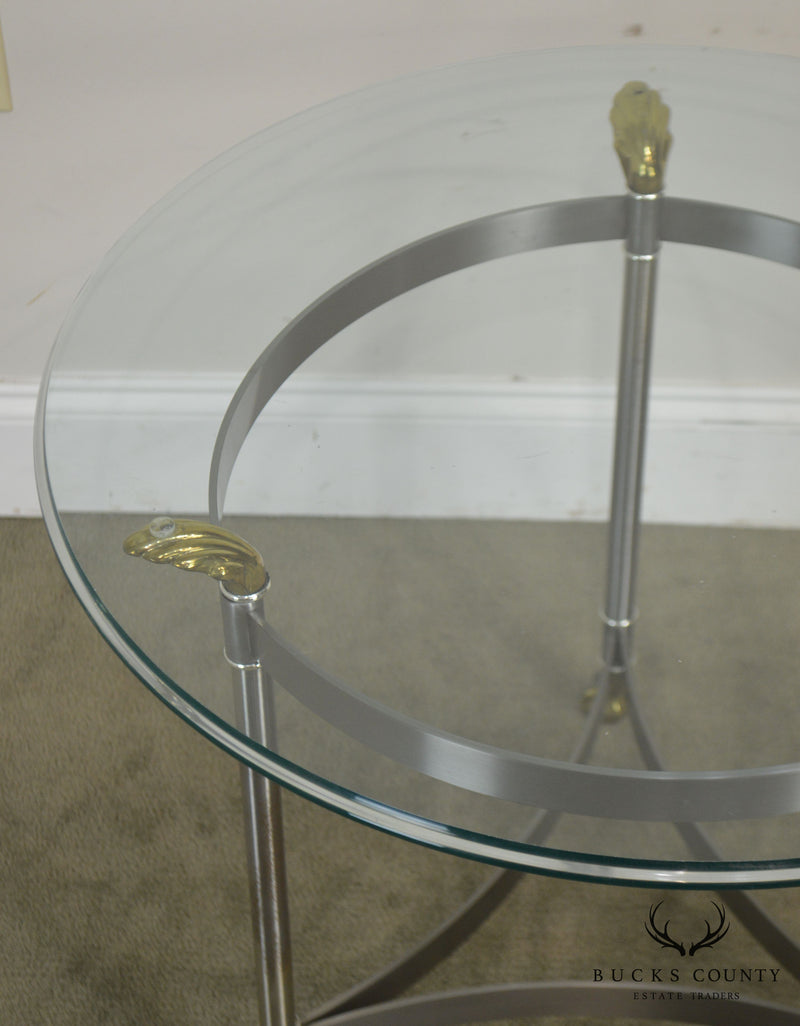 Directoire Style Brushed Steel & Brass Round Glass Top Side Table