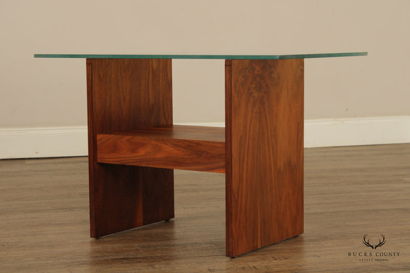 Mid Century Modern Walnut Glass Top Side Table