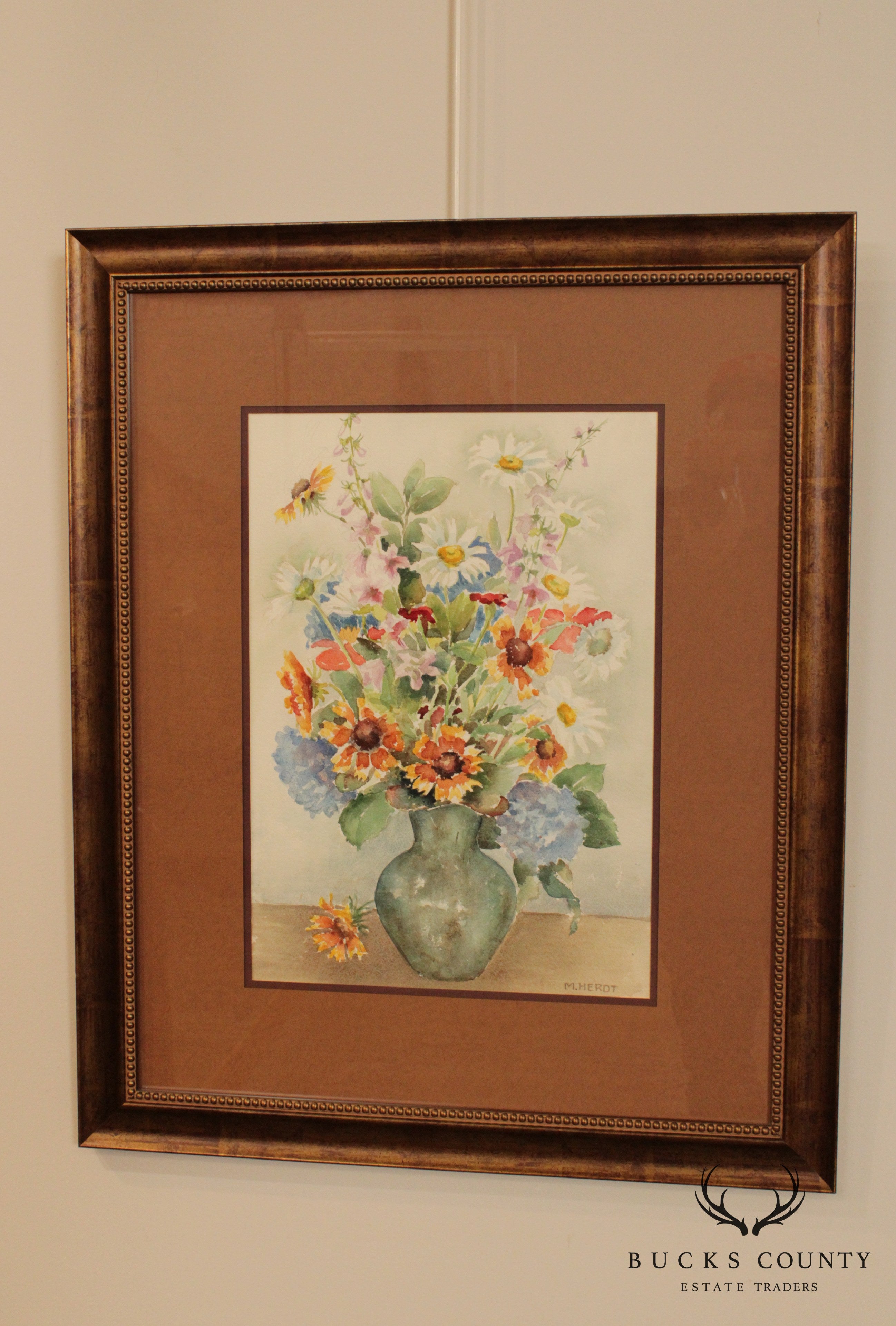 M. Herdt Original Water Color Painting Still Life, Flowers in Vase