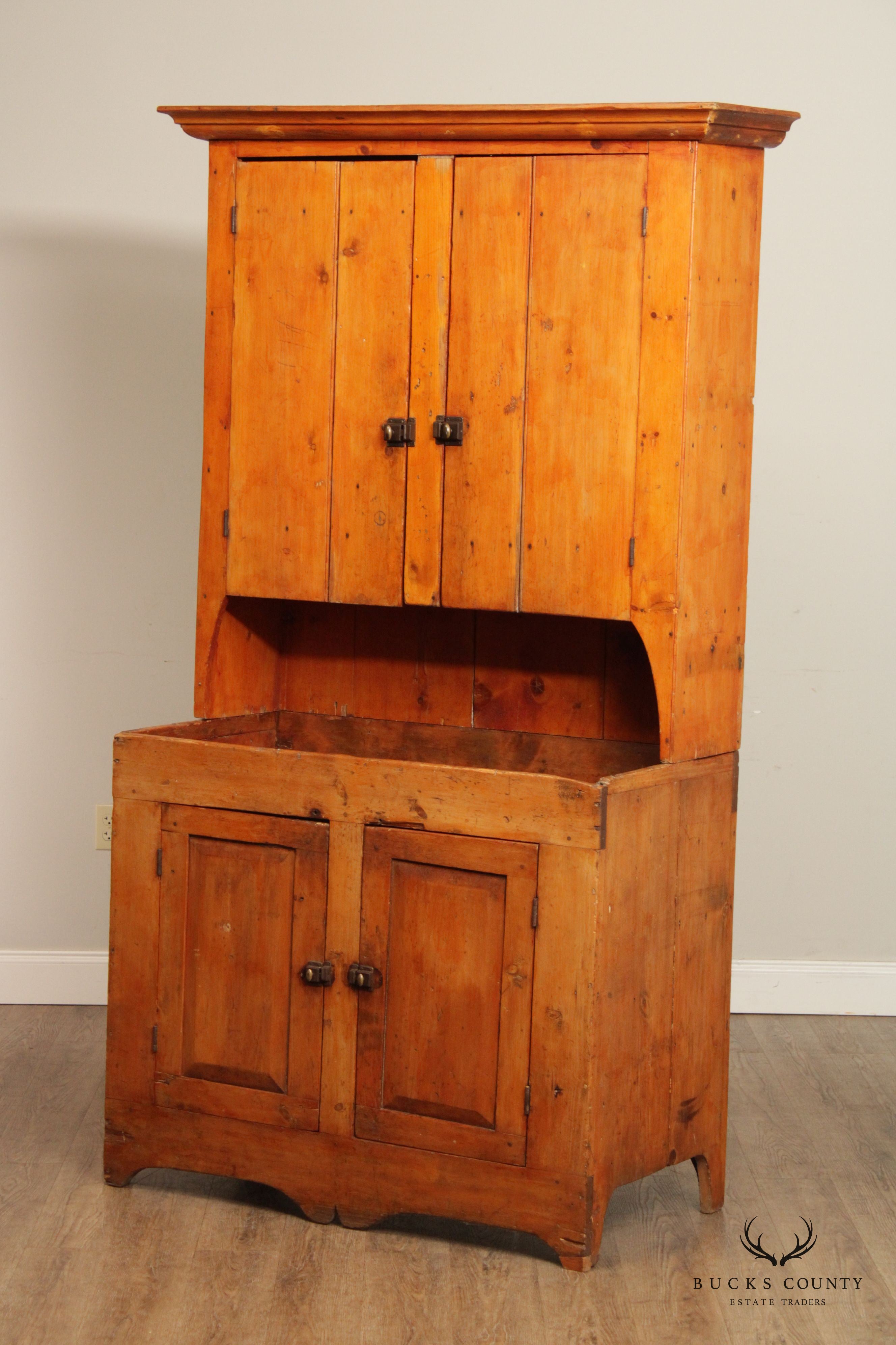 Antique Farmhouse Pine Dry Sink Hutch Cabinet