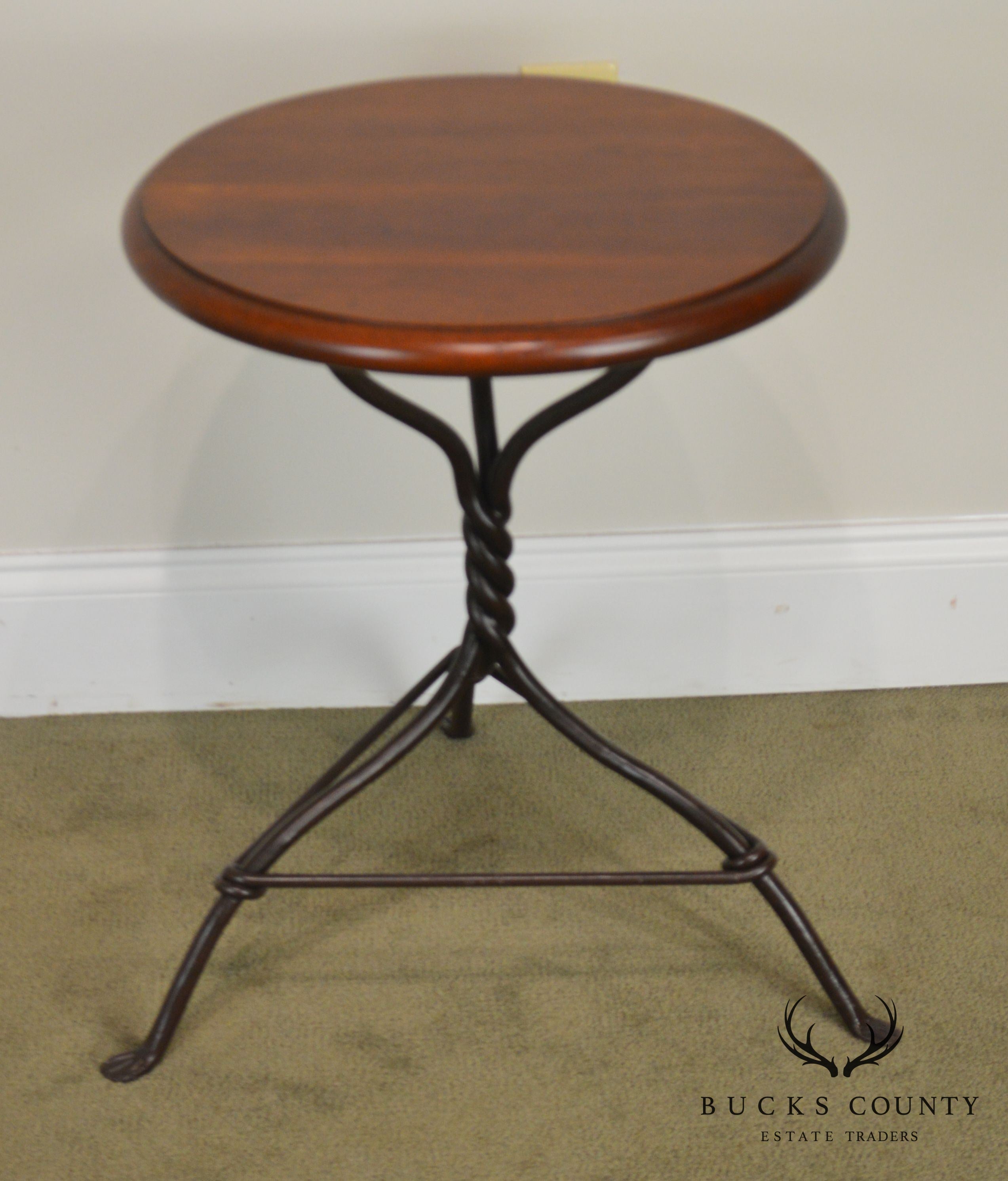 Charleston Forge Pair Twist Iron Base Round Cherry Top Side Tables