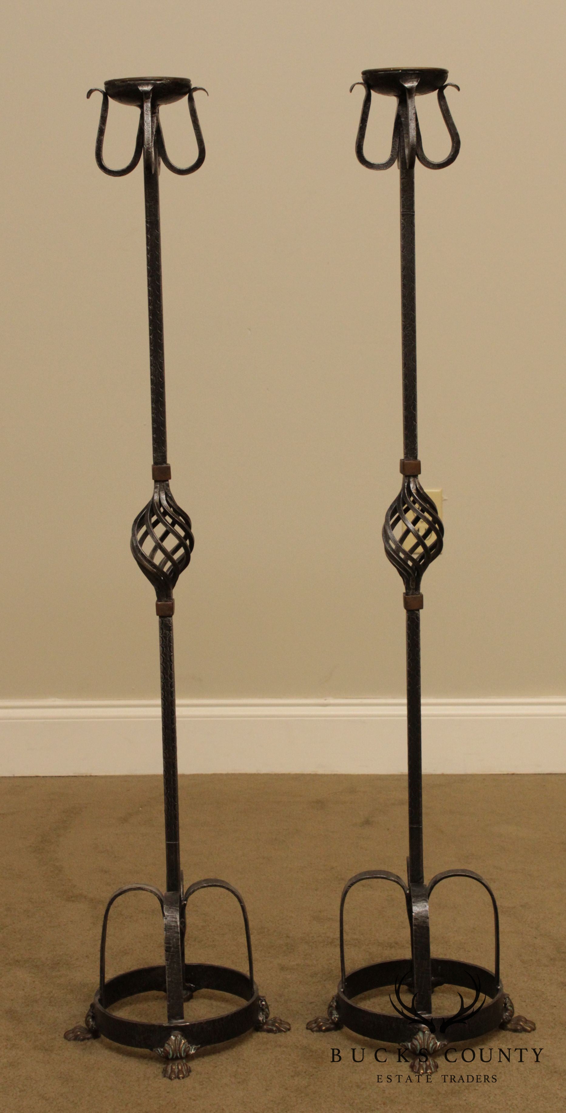 Spanish Renaissance Style Pair Forged Iron Candle Stands