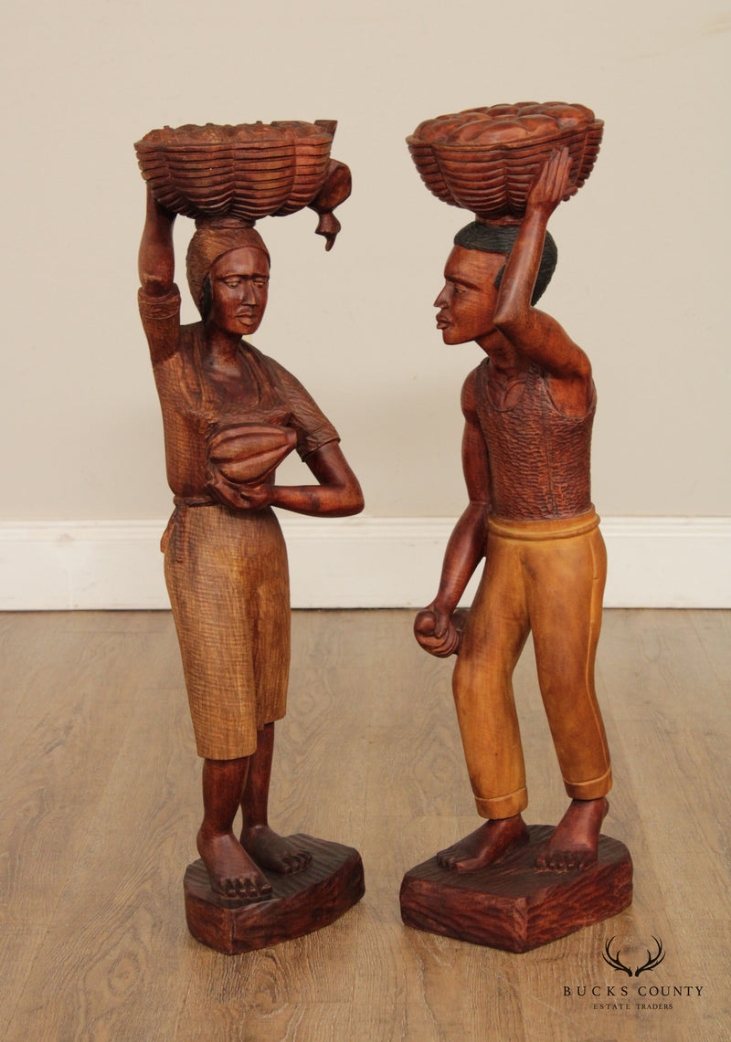 Vintage Pair Haitian Carved Wood Figural Statues, Signed