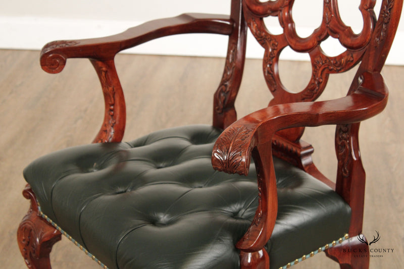 Georgian Style Pair of Carved Mahogany and Green Leather Armchairs