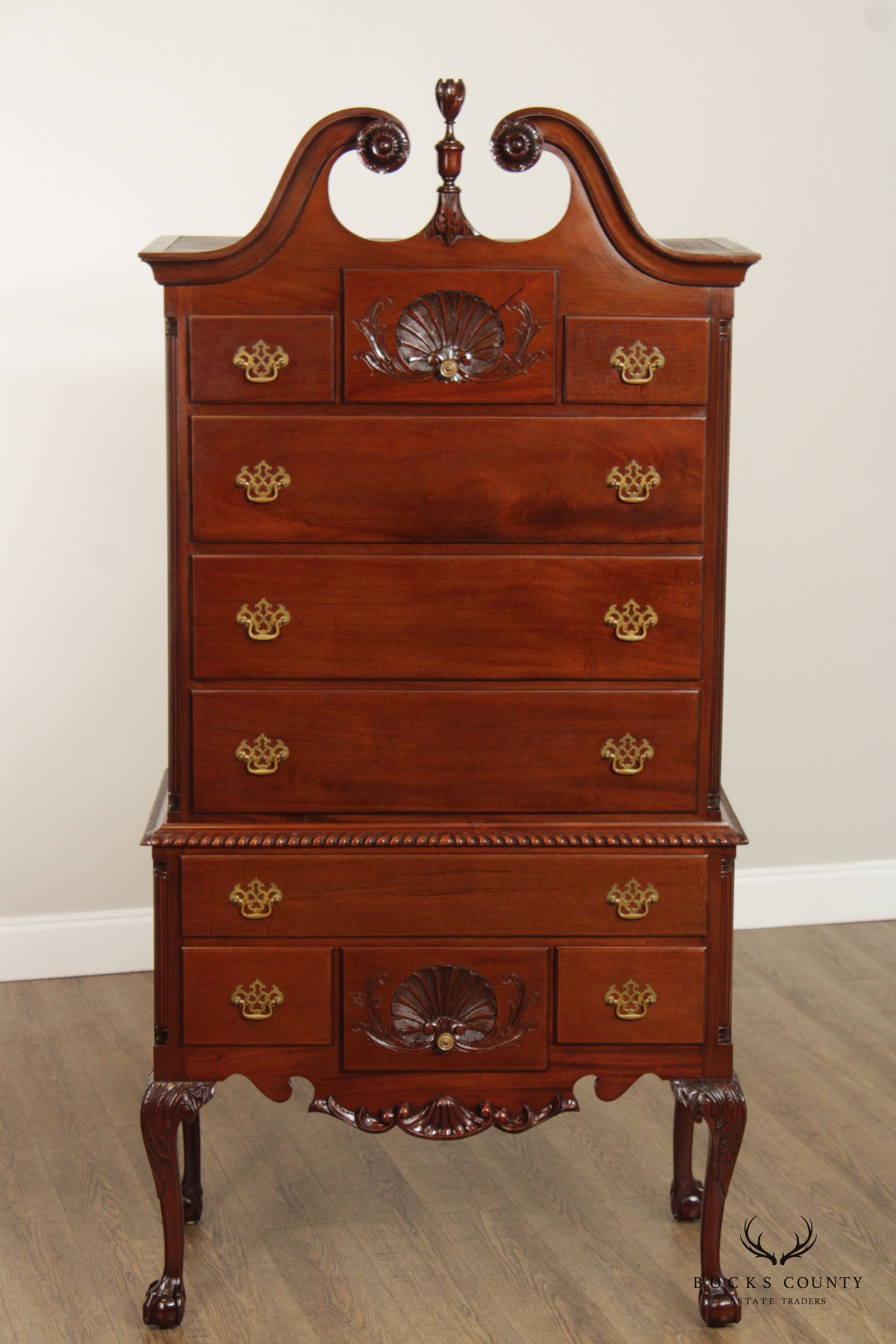 1940's Hand Crafted Chippendale Style Carved Mahogany High Boy Tall Chest