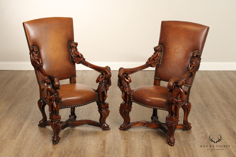Theodore Alexander Pair Of Figural Carved Baroque Style  Throne Armchairs