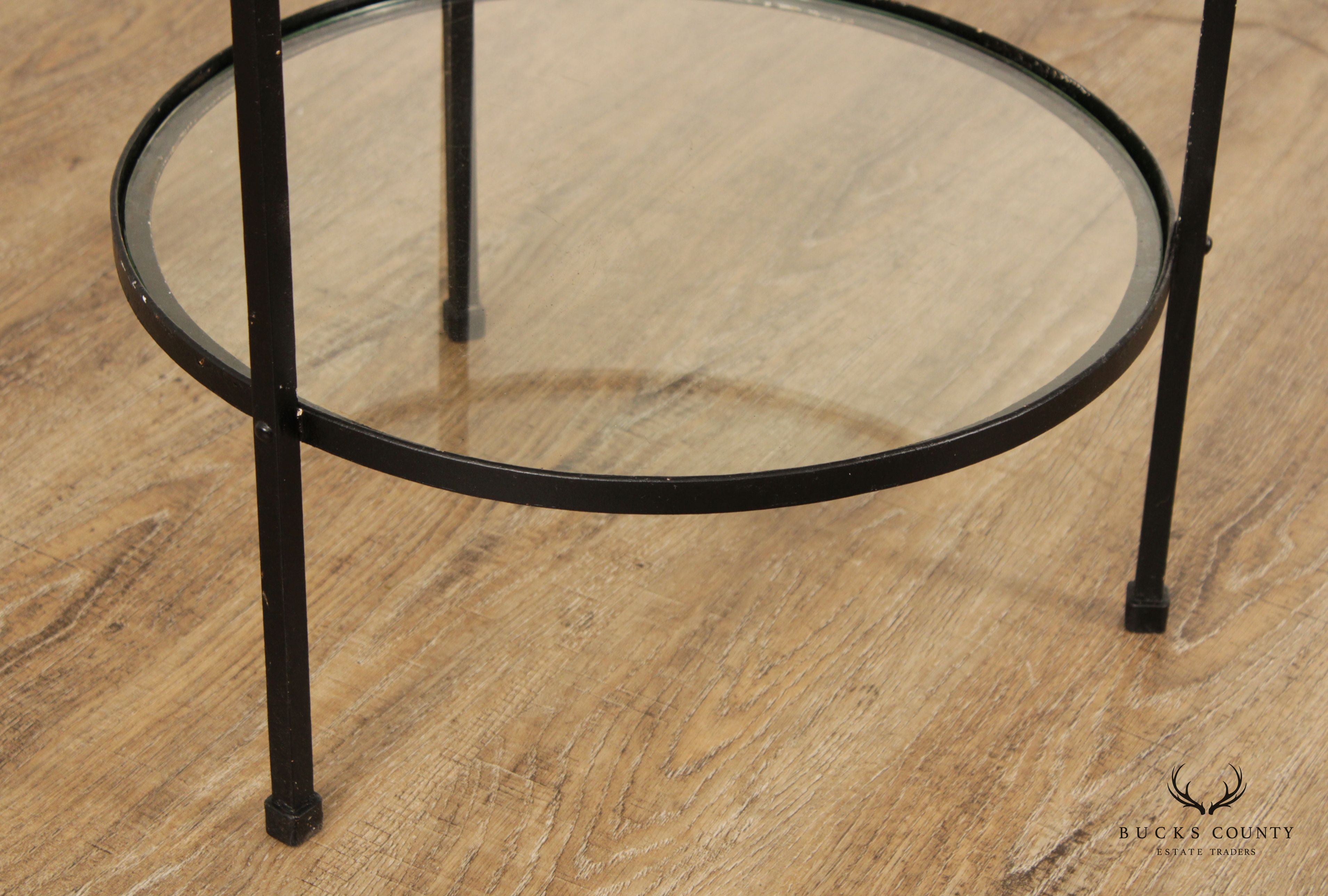 Mid Century Modern Wrought Iron & Glass Tiered Round Side Table