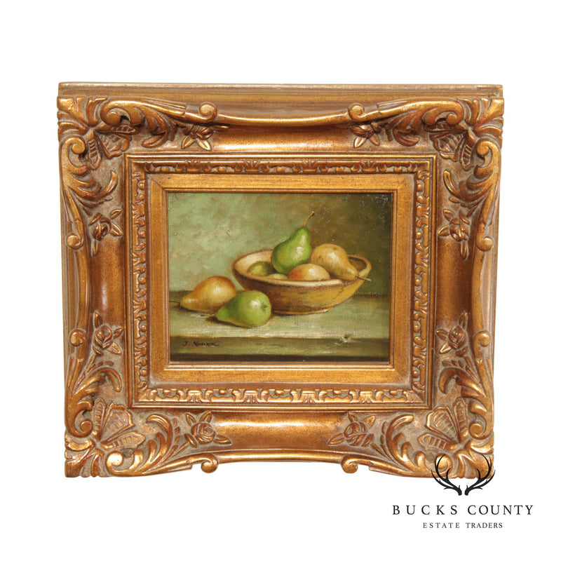Vintage 20th C. Pear Fruit Still Life Oil Painting, Custom Framed