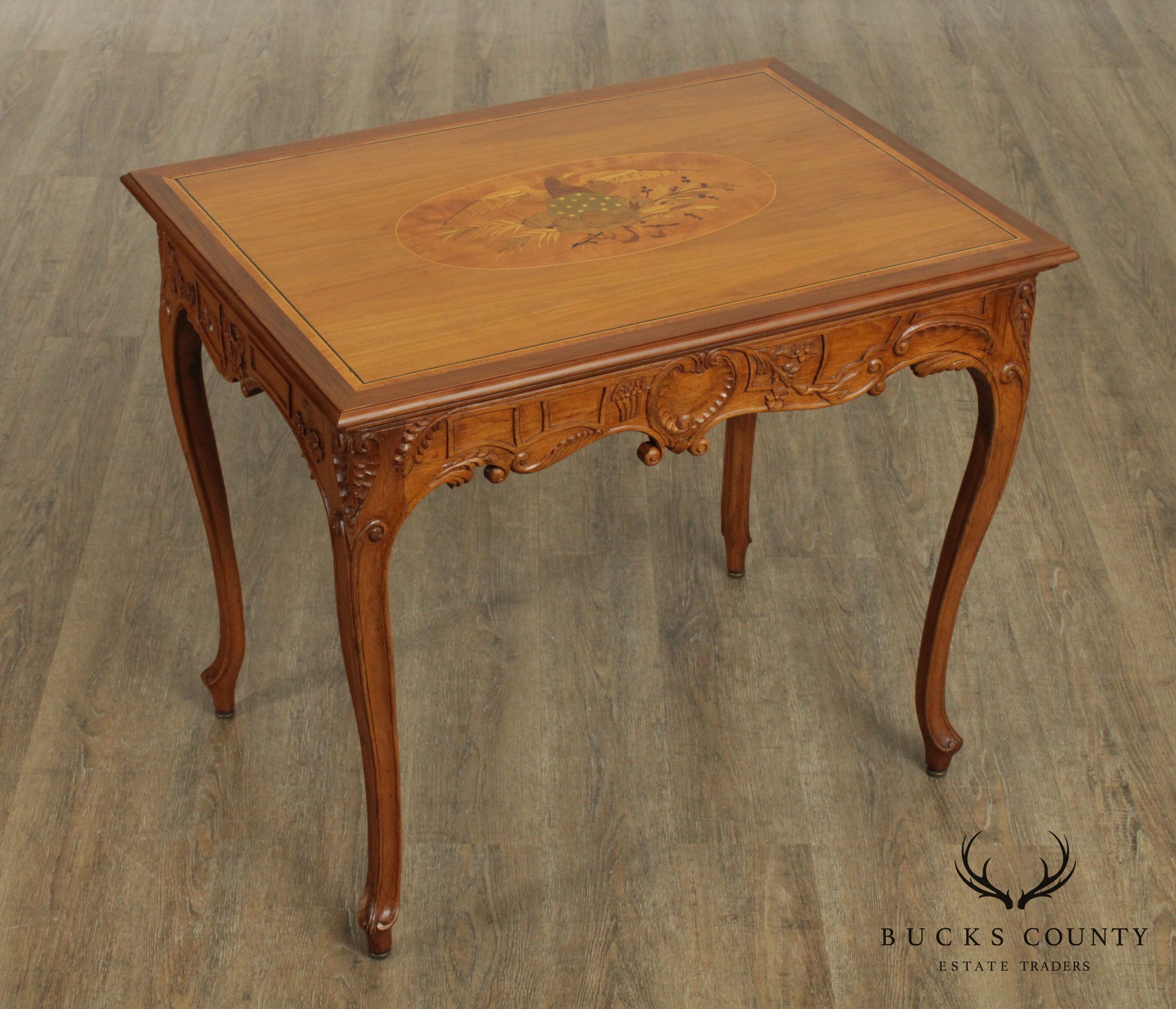 French Influenced Custom Patriotic Marquetry Inlaid Side Table