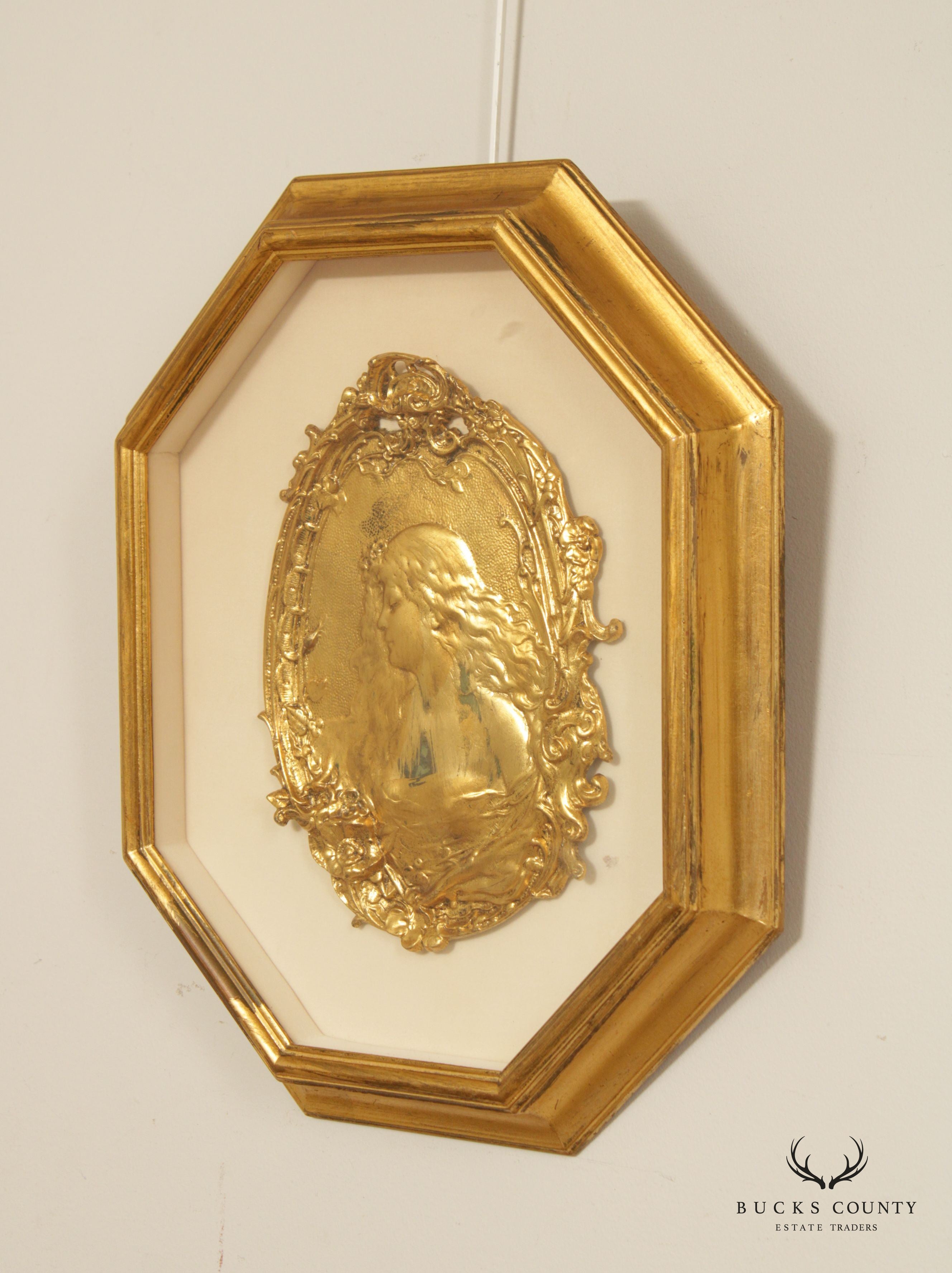 Art Nouveau Style Figural Gilt Cast Plaque, Custom Framed