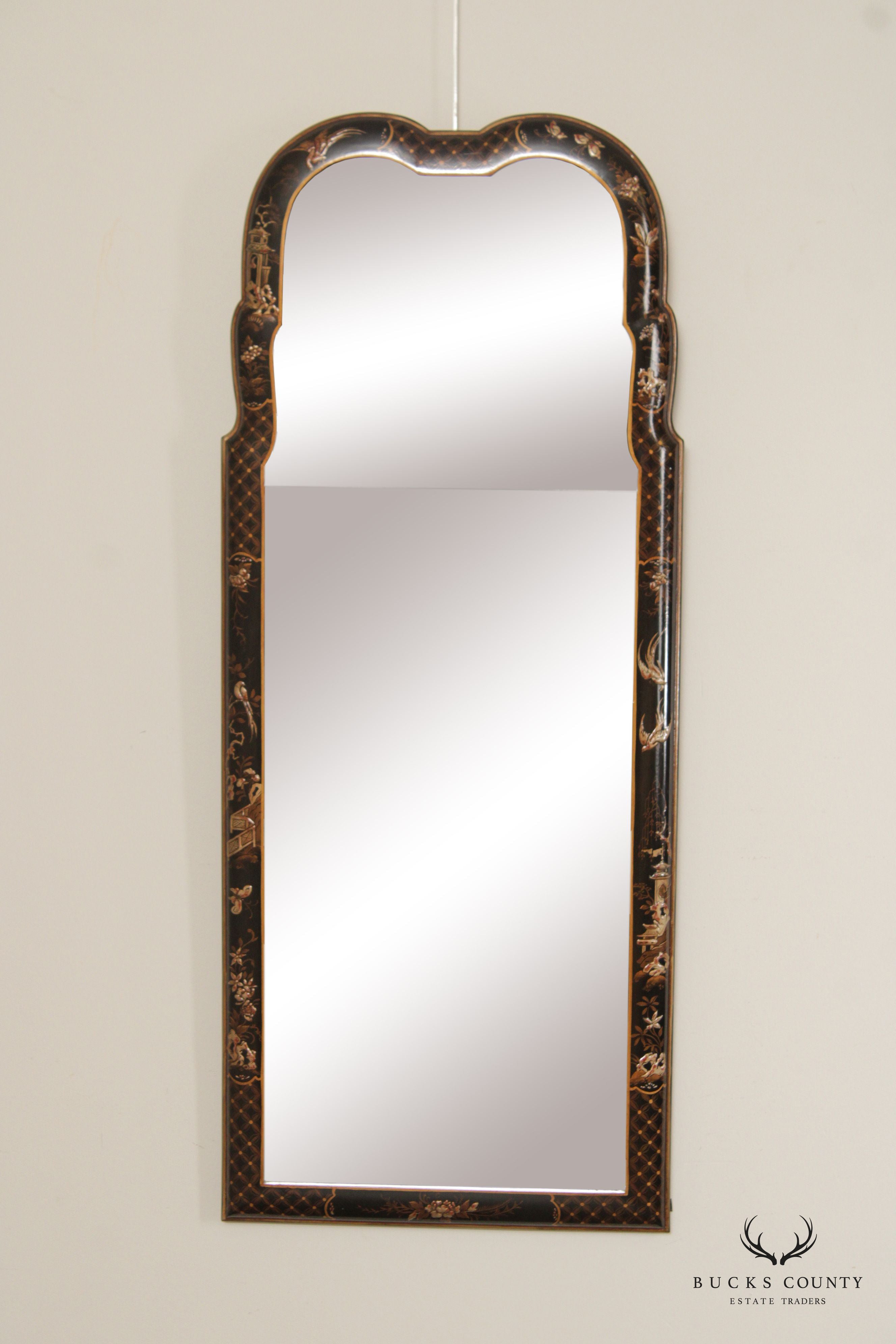 LaBarge Chinoserie Ebonized and Gilt Beveled Wall Mirror