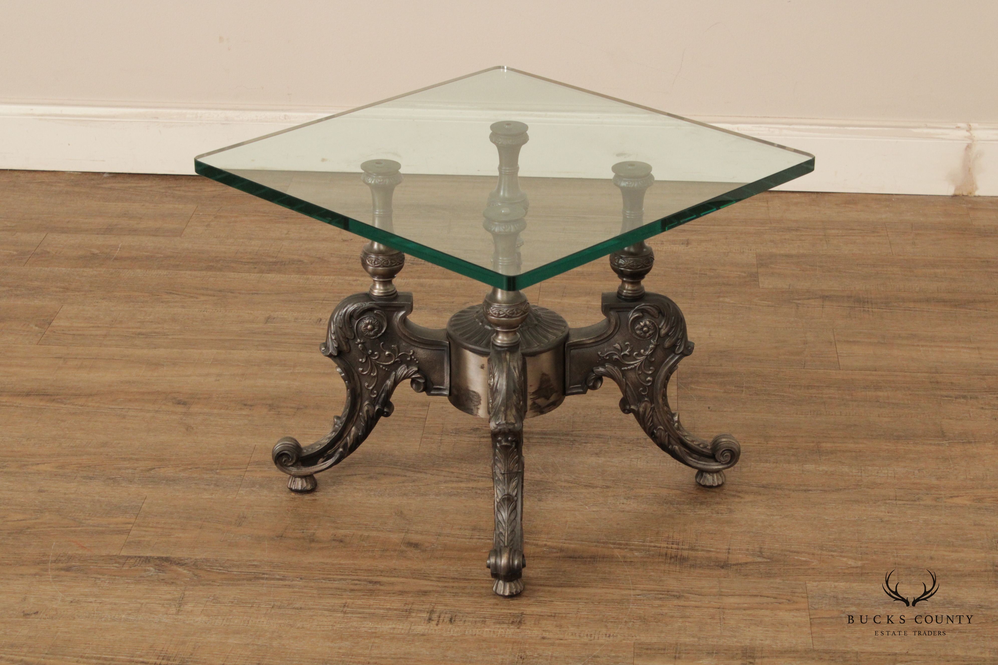 Victorian Style Pair of Cast Metal Glass-Top Coffee Tables