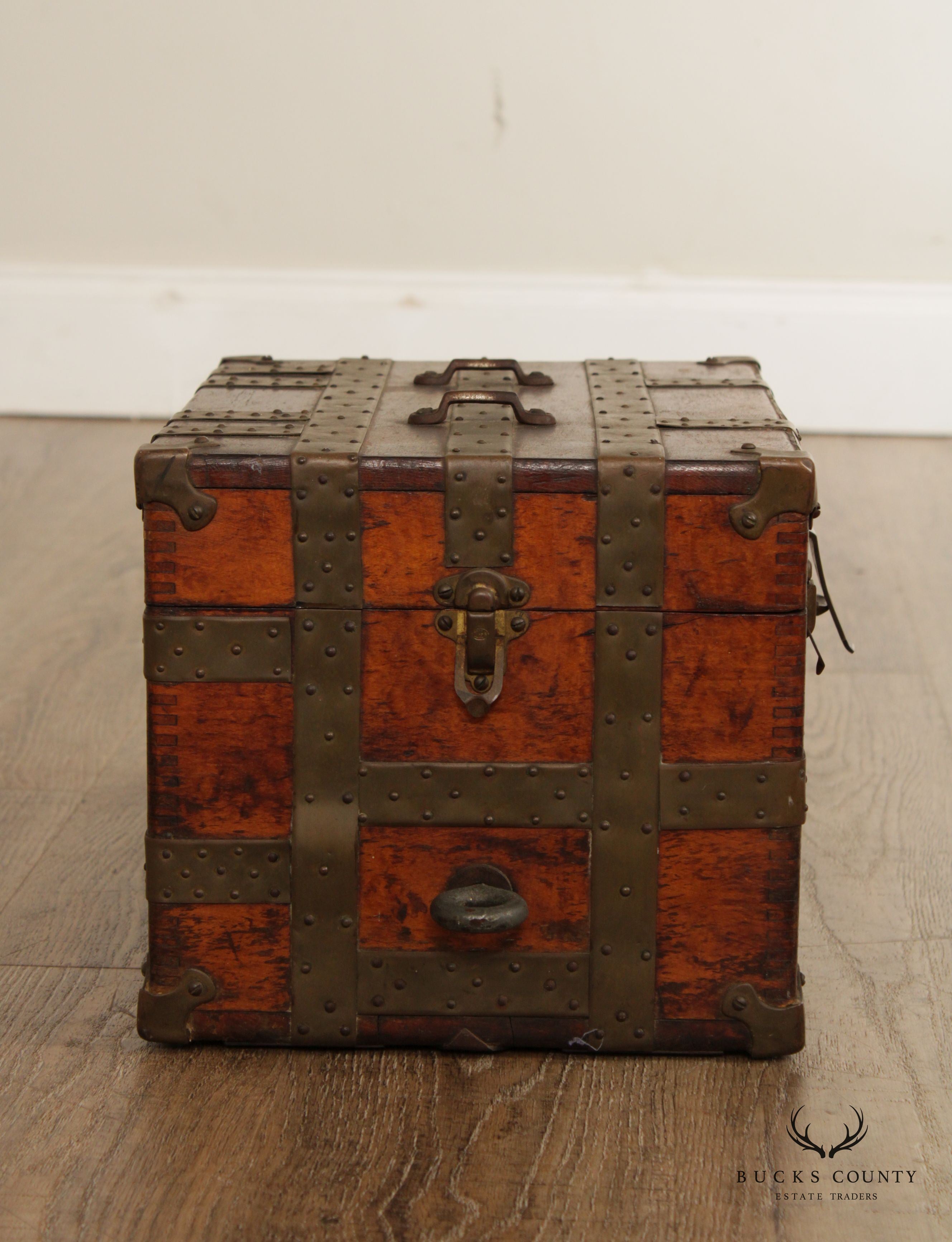 Antique Rustic Wood and Metal Small Storage Steamer Chest Trunk