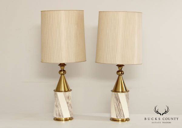 Stiffel Tommi Parzinger Style Mid Century Modern Pair Brass & Pottery Lamps