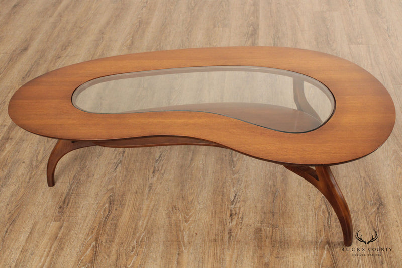Mid Century Modern Sculptural Walnut Glass Top Coffee Table