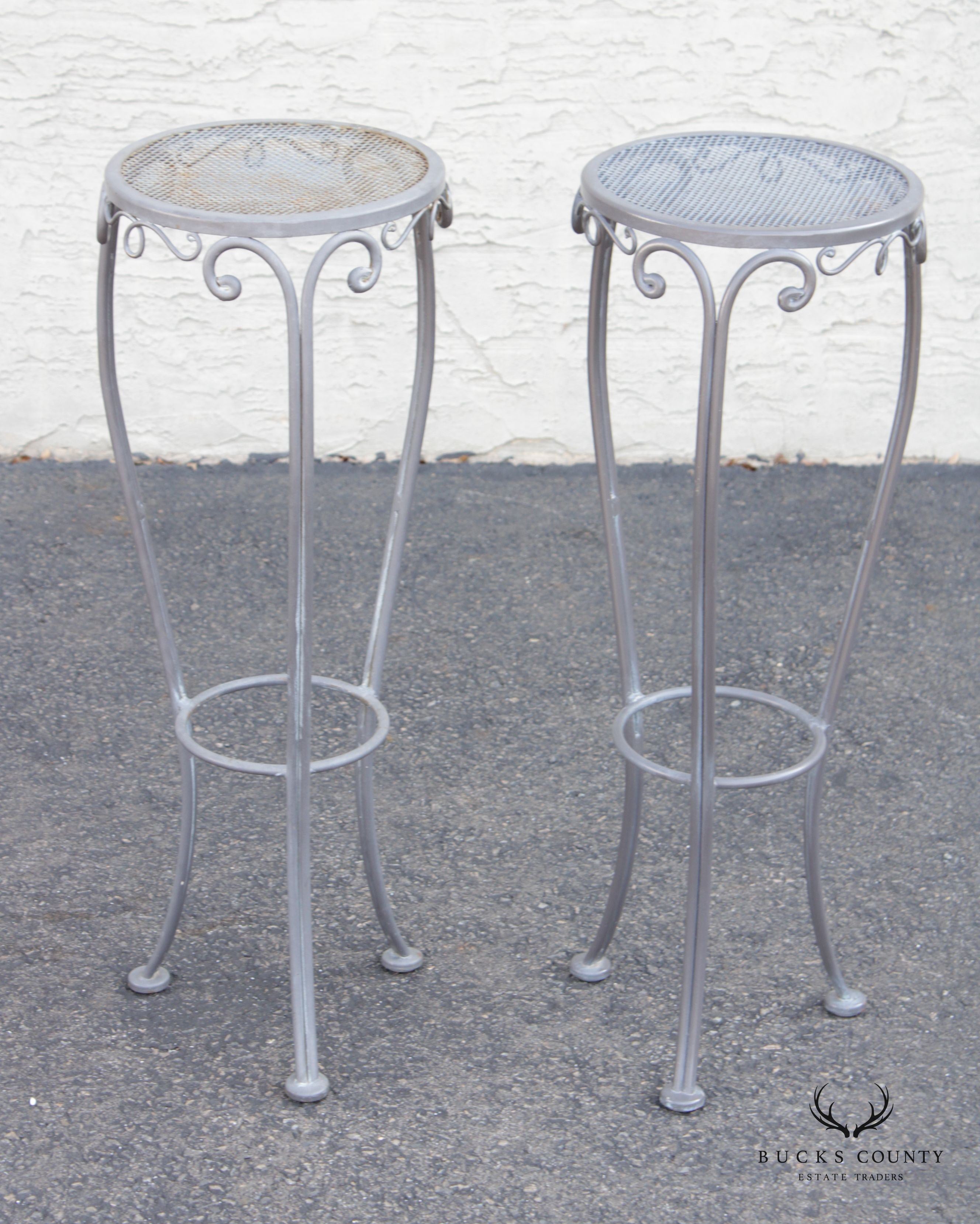 French Style Vintage Scrolled Wrought Iron Pair of Plant Stands