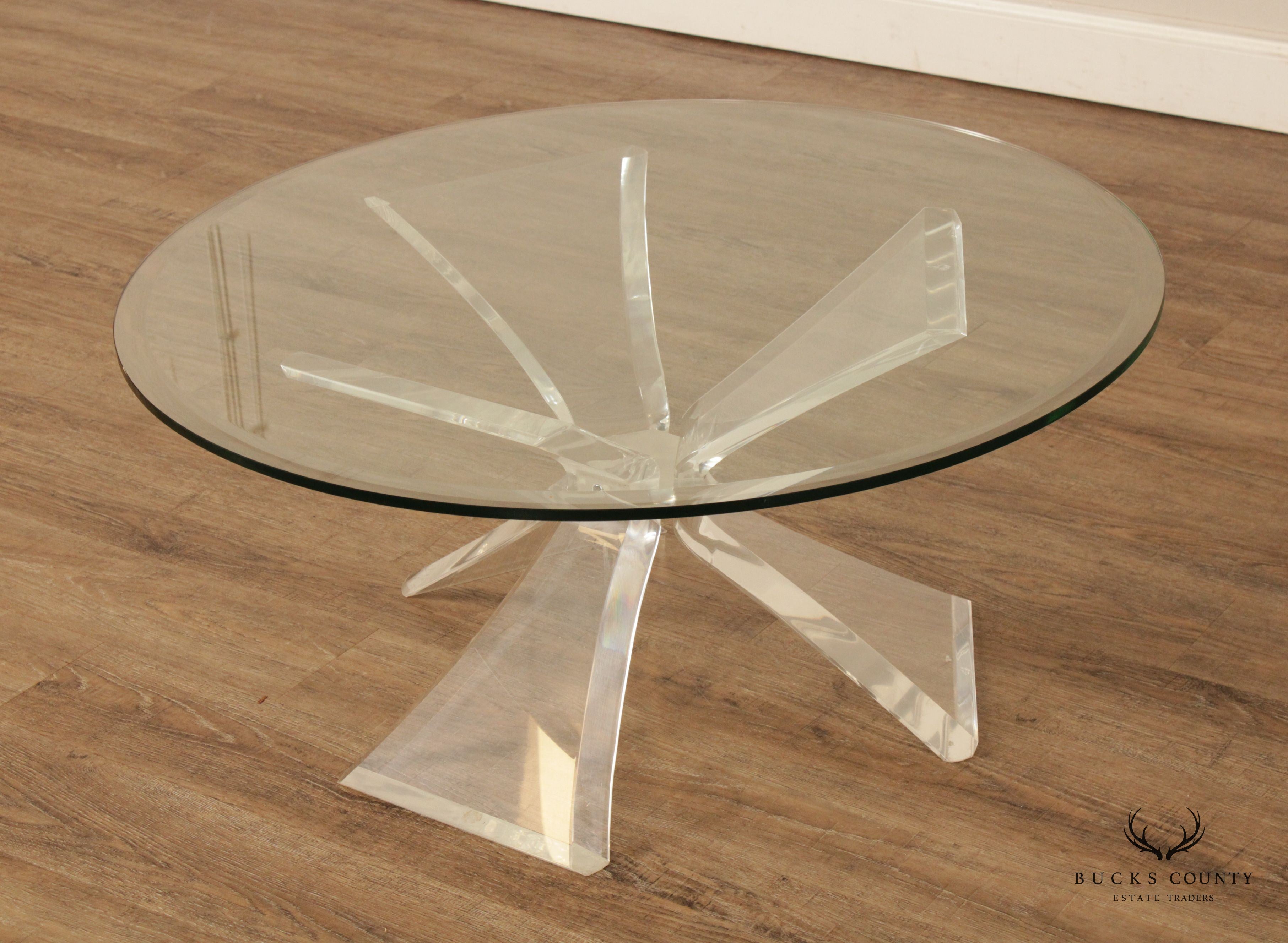 Post Modern Round Glass Top Acrylic Base Butterfly Coffee Table