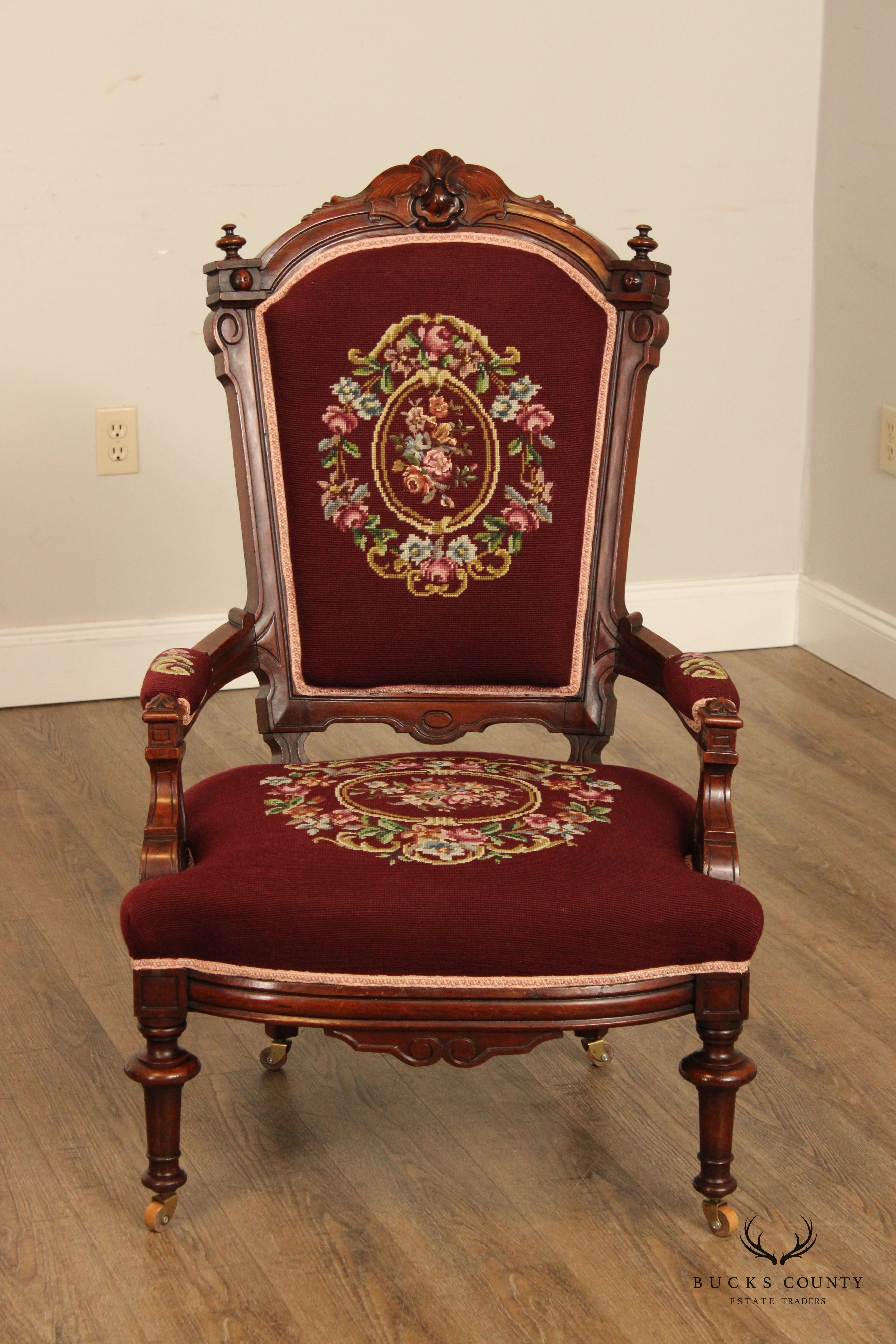 Antique Renaissance Revival Carved Walnut Armchair