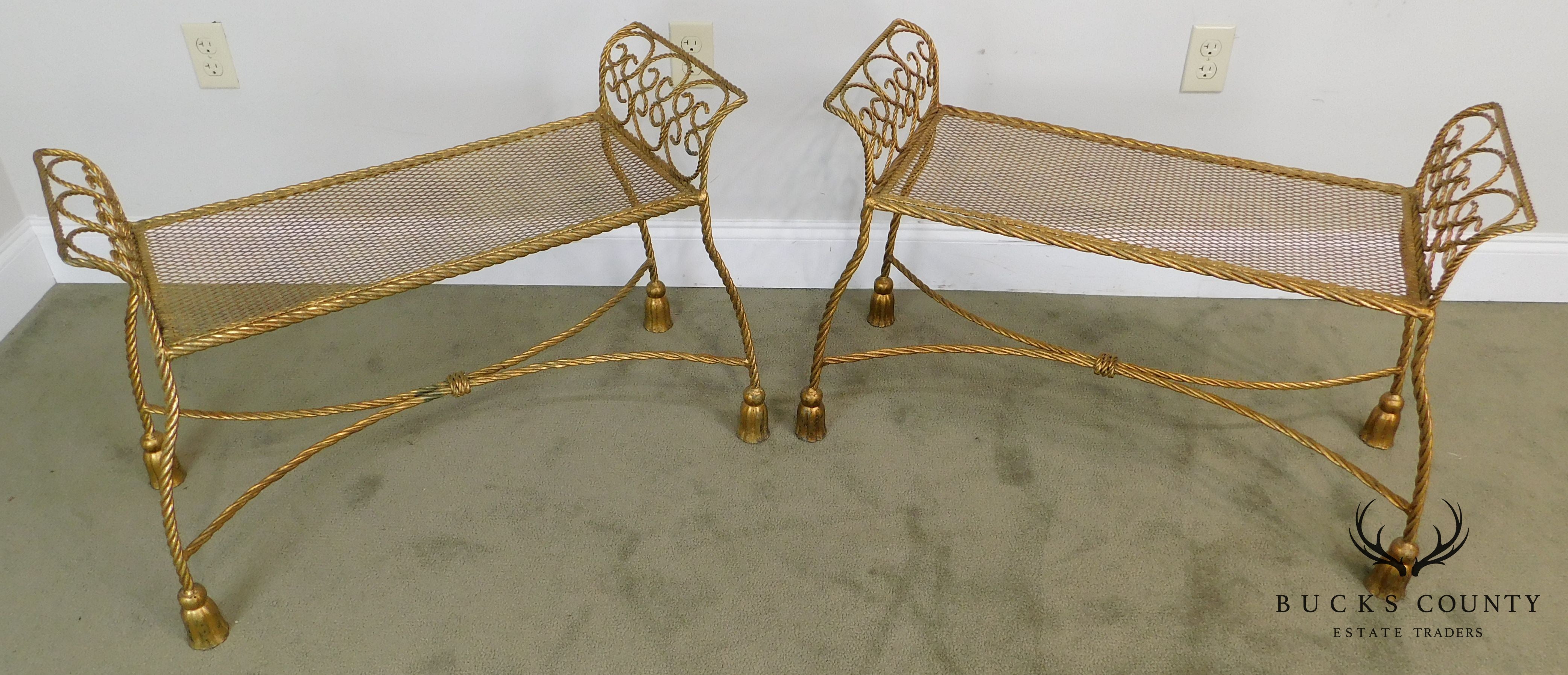 Hollywood Regency Vintage 1960's Italian Gilt Metal Pair Rope & Tassel Benches