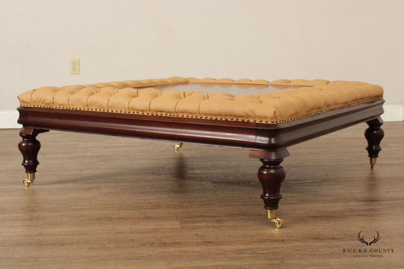 English Regency Style Large Tufted Leather Ottoman Coffee Table