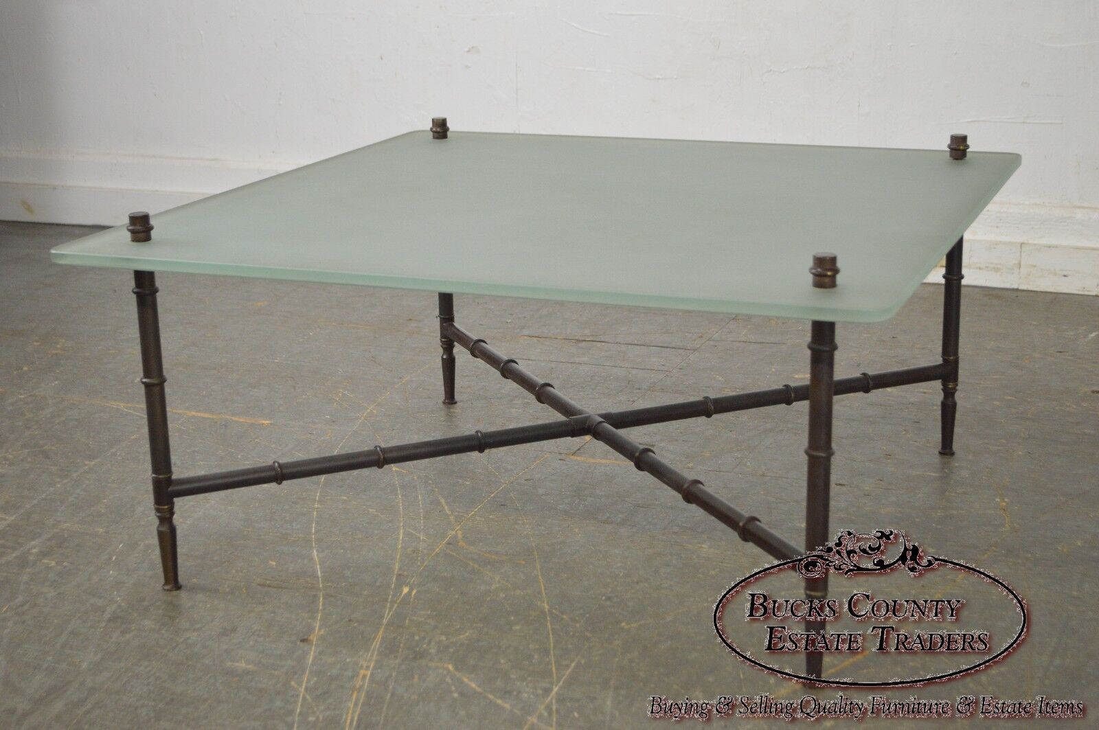 Faux Bamboo Brass Base Frosted Glass Top Coffee Table