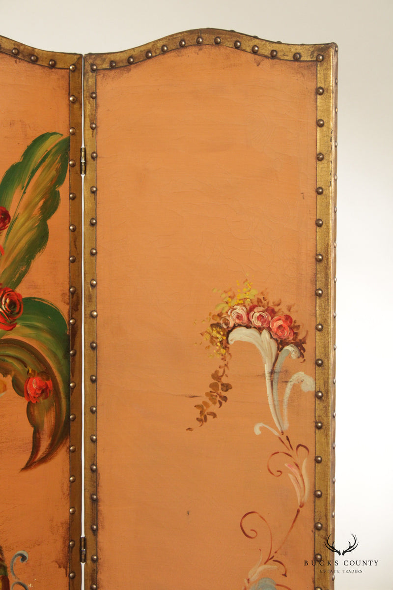 Antique Victorian Floral Painted Leather Folding Screen