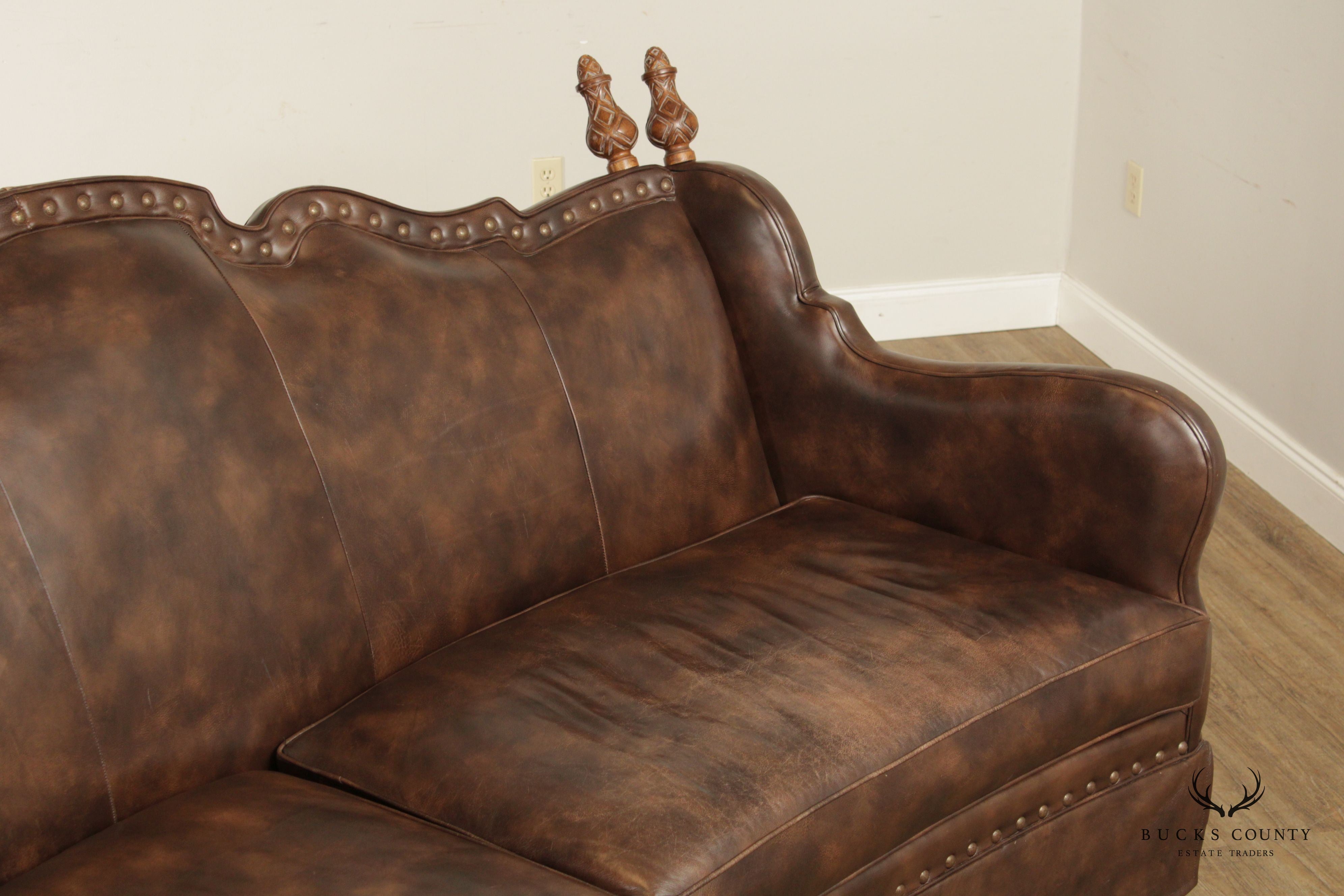 Century Furniture Spanish Revival Style Brown Leather Upholstered Sofa