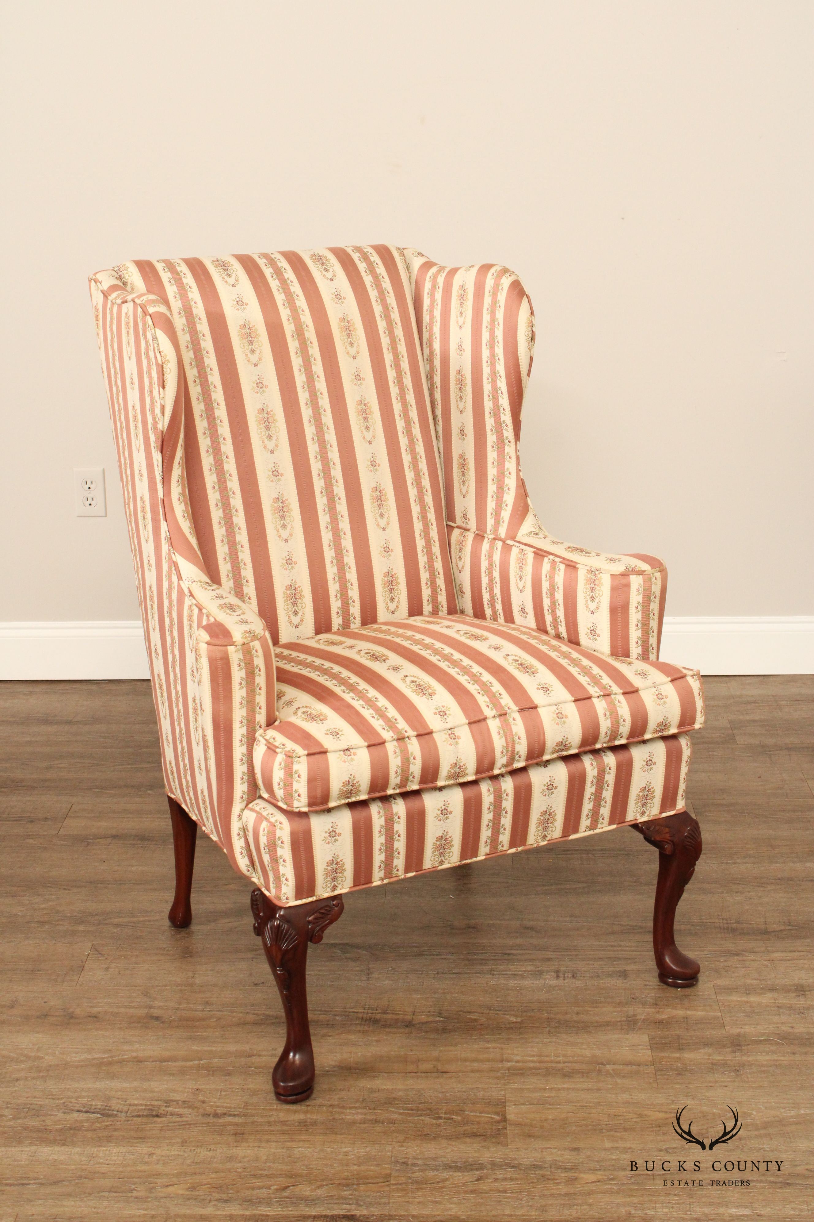 Hickory Chair Queen Anne Style Pair of Mahogany Wing Chairs