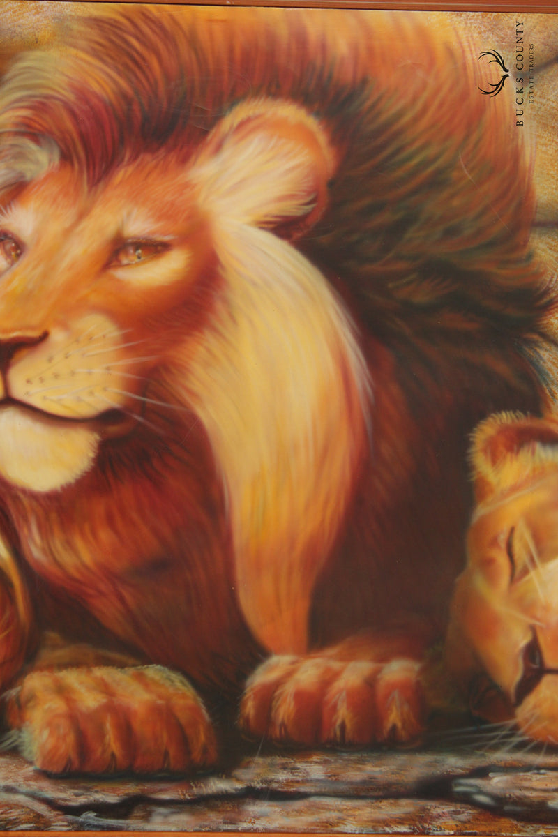 Contemporary 1970s Safari Lions Sleeping Large Scale Original Painting, Signed