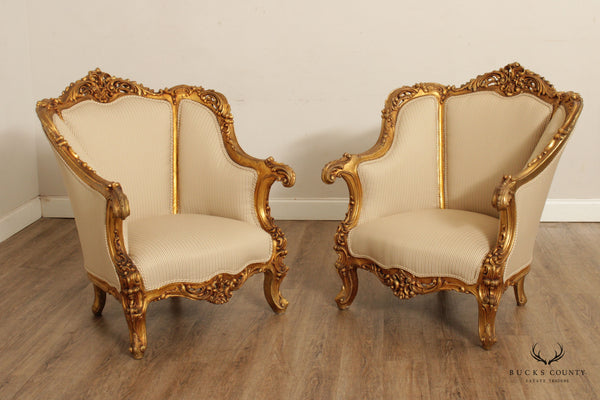 ITALIAN ROCOCO STYLE CARVED GILTWOOD PAIR BERGERE CHAIRS