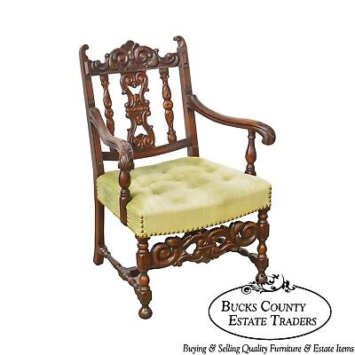 1920s Jacobean Style Solid Mahogany Carved Arm Chair (possibly Kittinger)