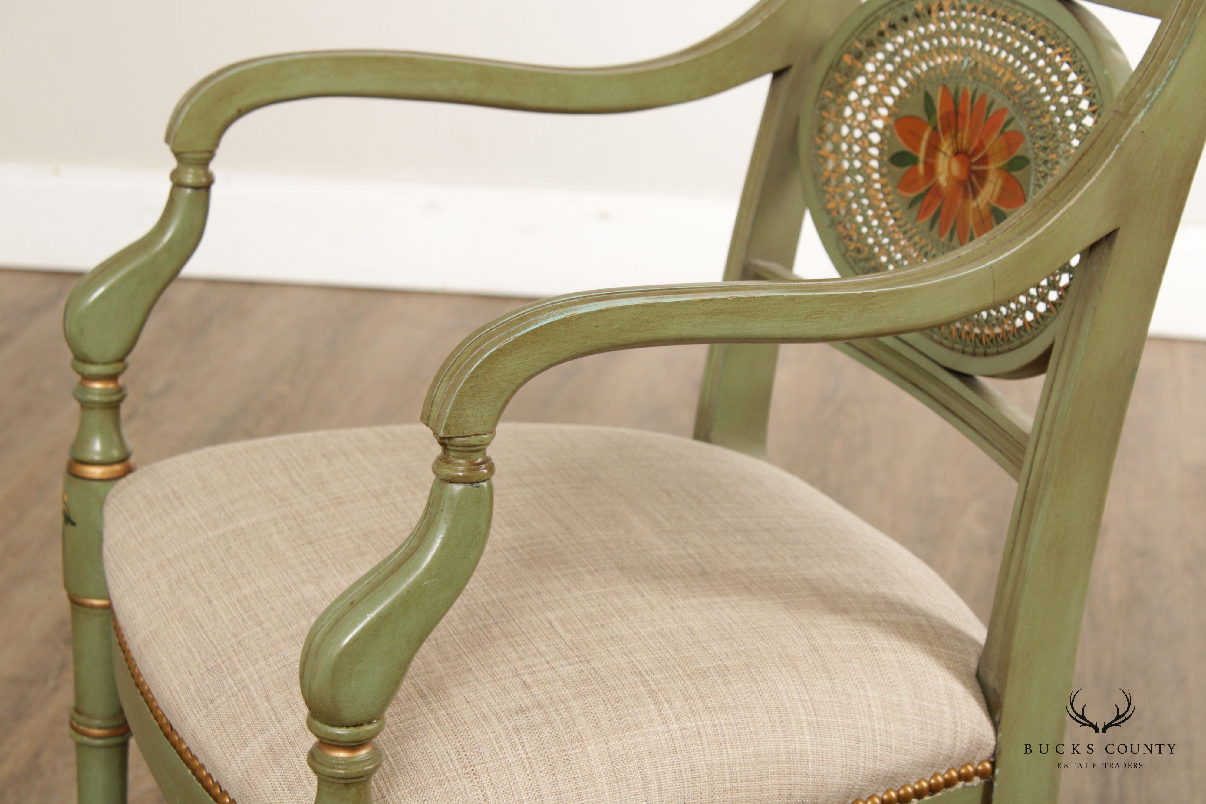 English Regency Style Cane Back Green-Painted Armchair