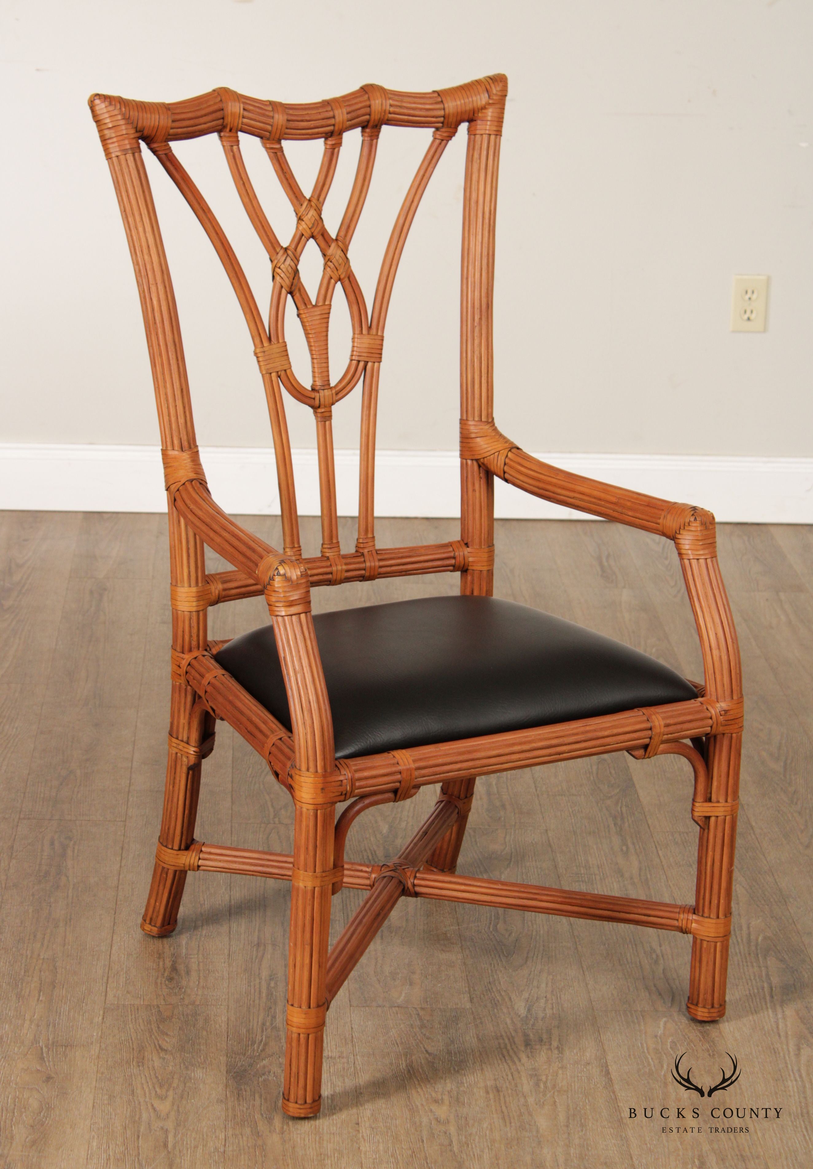 Chippendale Style Split Reed Rattan Pair of Armchairs