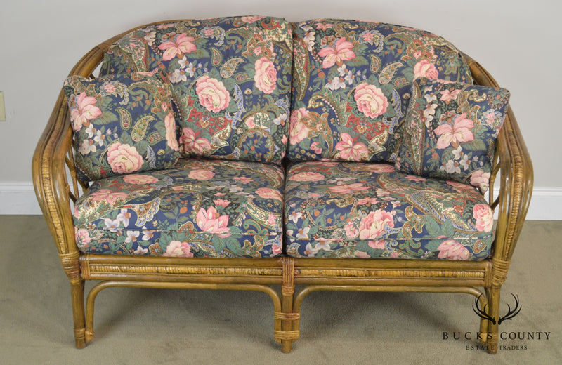 Quality Rattan Pair Curved Back Loveseats with Custom Floral Upholstered Cushions