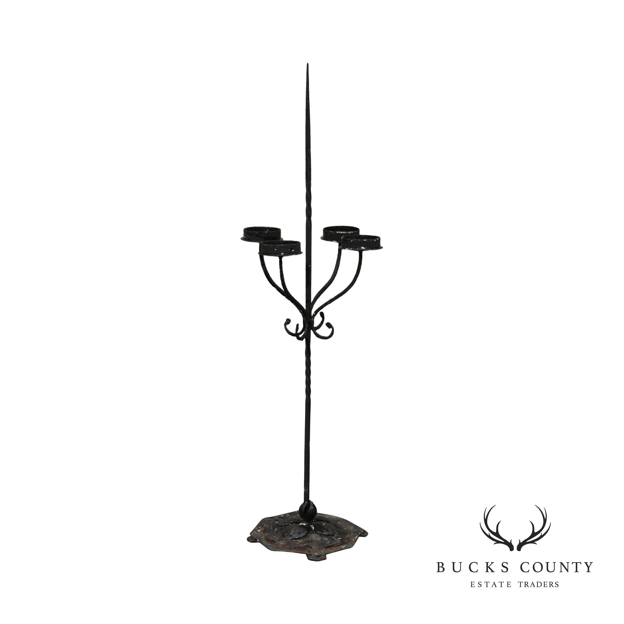 Gothic Revival Style Wrought Iron Outdoor Pillar Floor Candelabrum