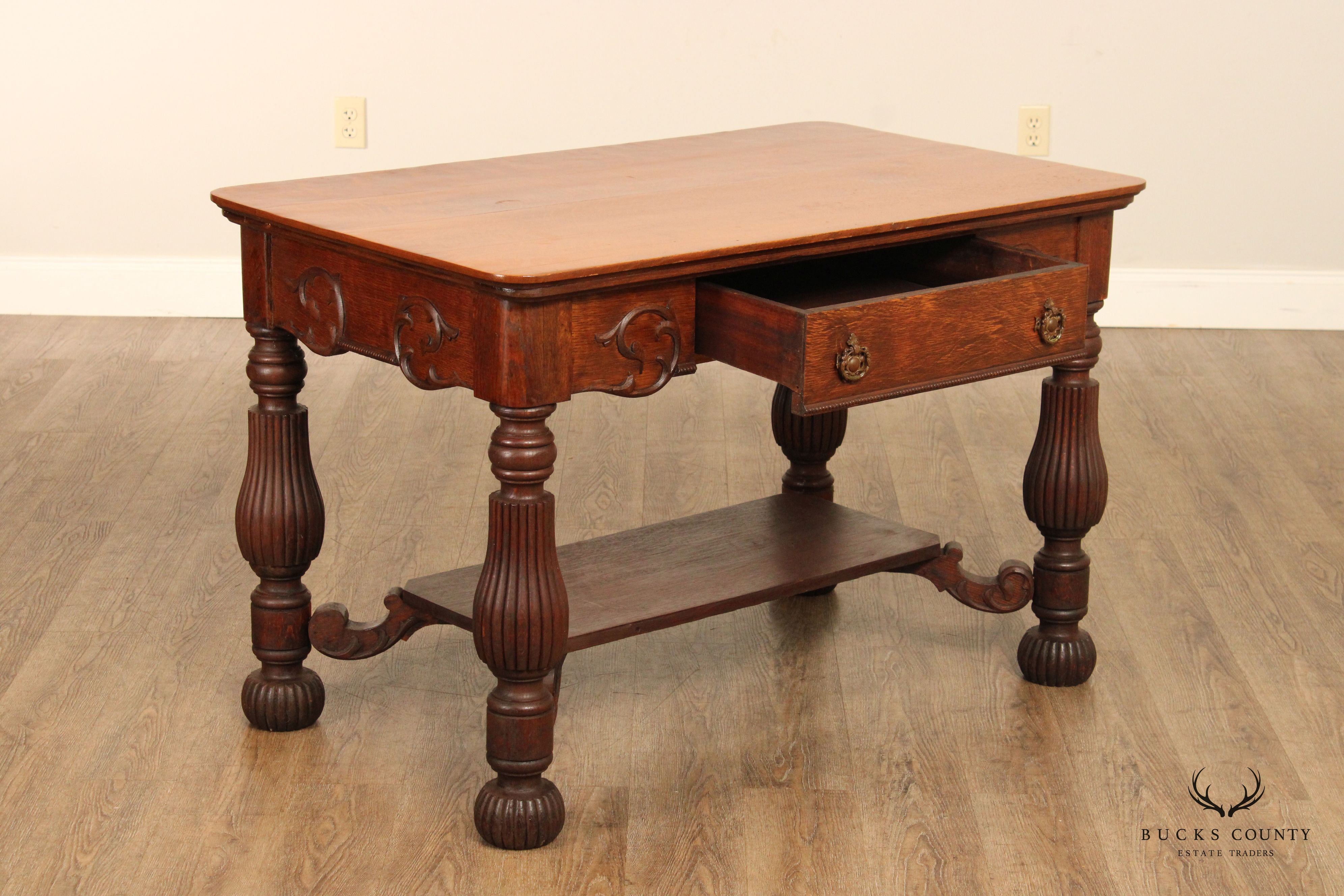 Antique Victorian Oak Writing Desk or Small Library Table