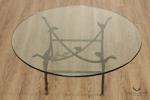 Wrought Iron Coffee Table with Round Glass Top in the Manner of Giacometti