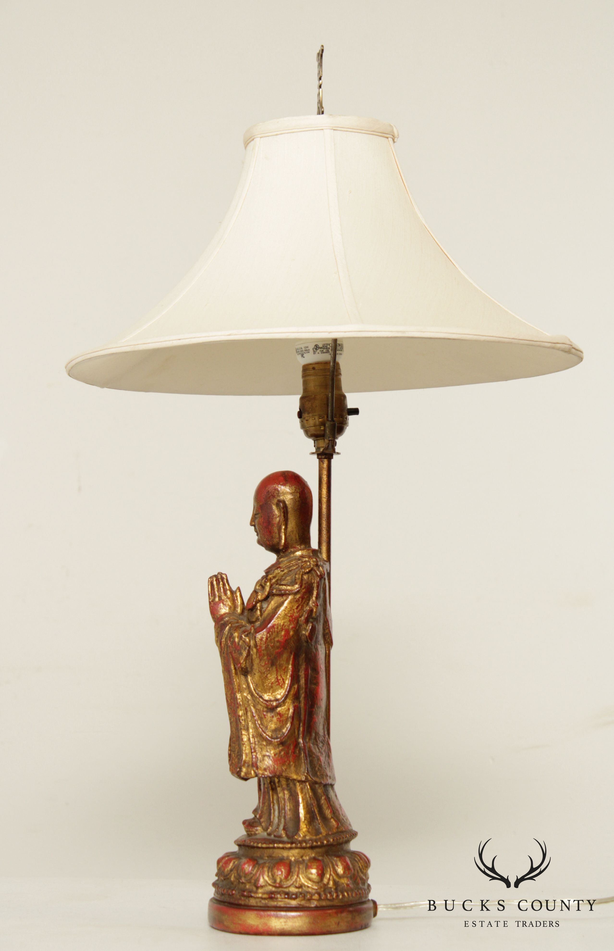 Vintage Partial Gilt Polychrome Resin Buddha Lamp