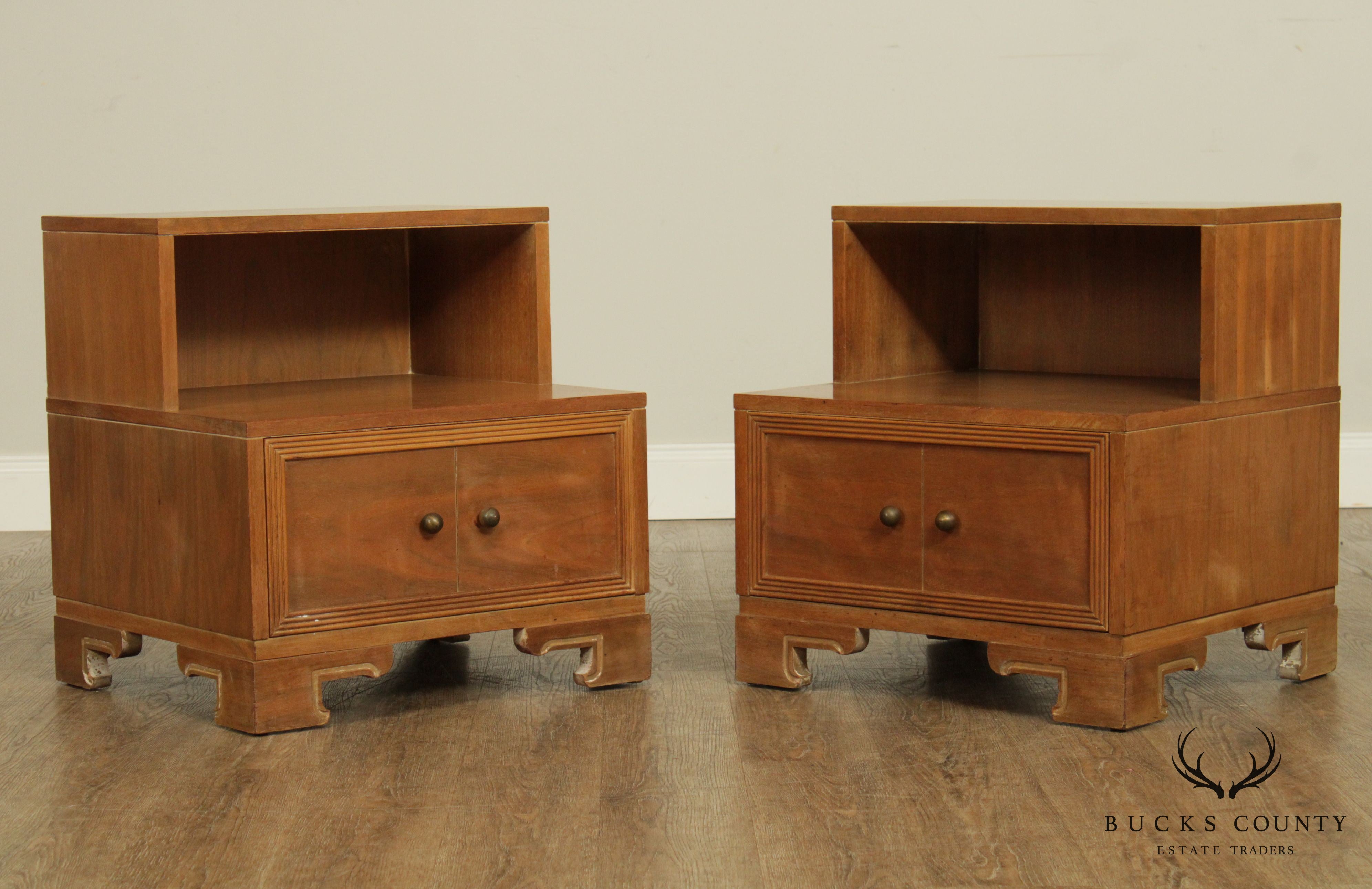 Mid Century Modern James Mont Inspired Pair Walnut Step Nightstands