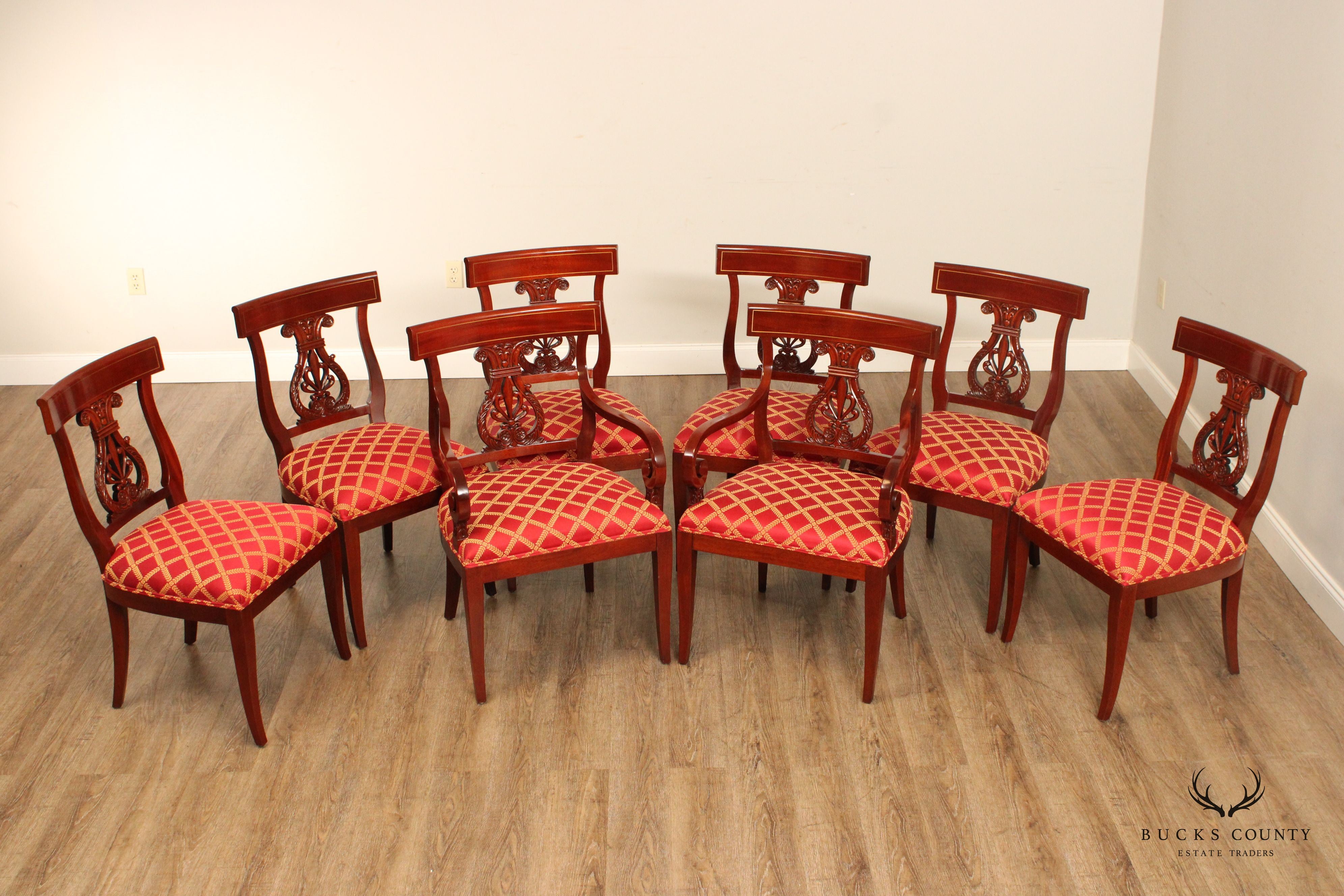 Kindel Neoclassical Style Set of Eight Mahogany Dining Chairs