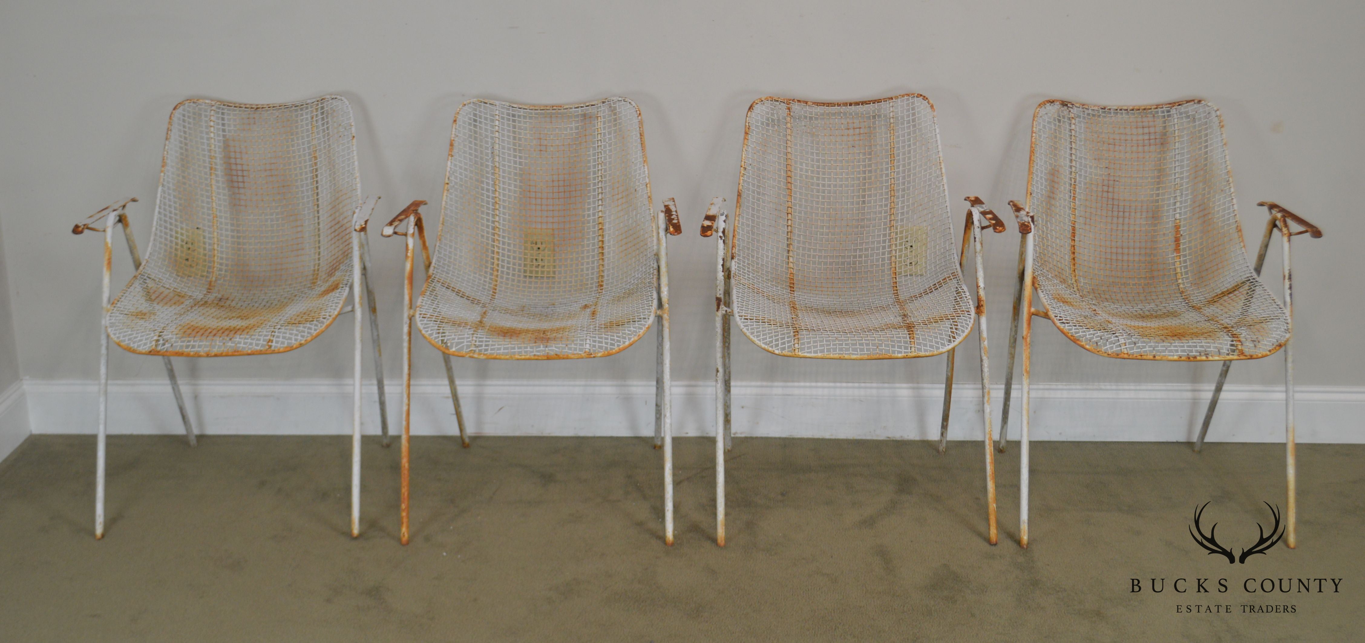 Russell Woodard Mid Century Modern Set of 4 Sculptura Iron Mesh Patio Dining Chairs