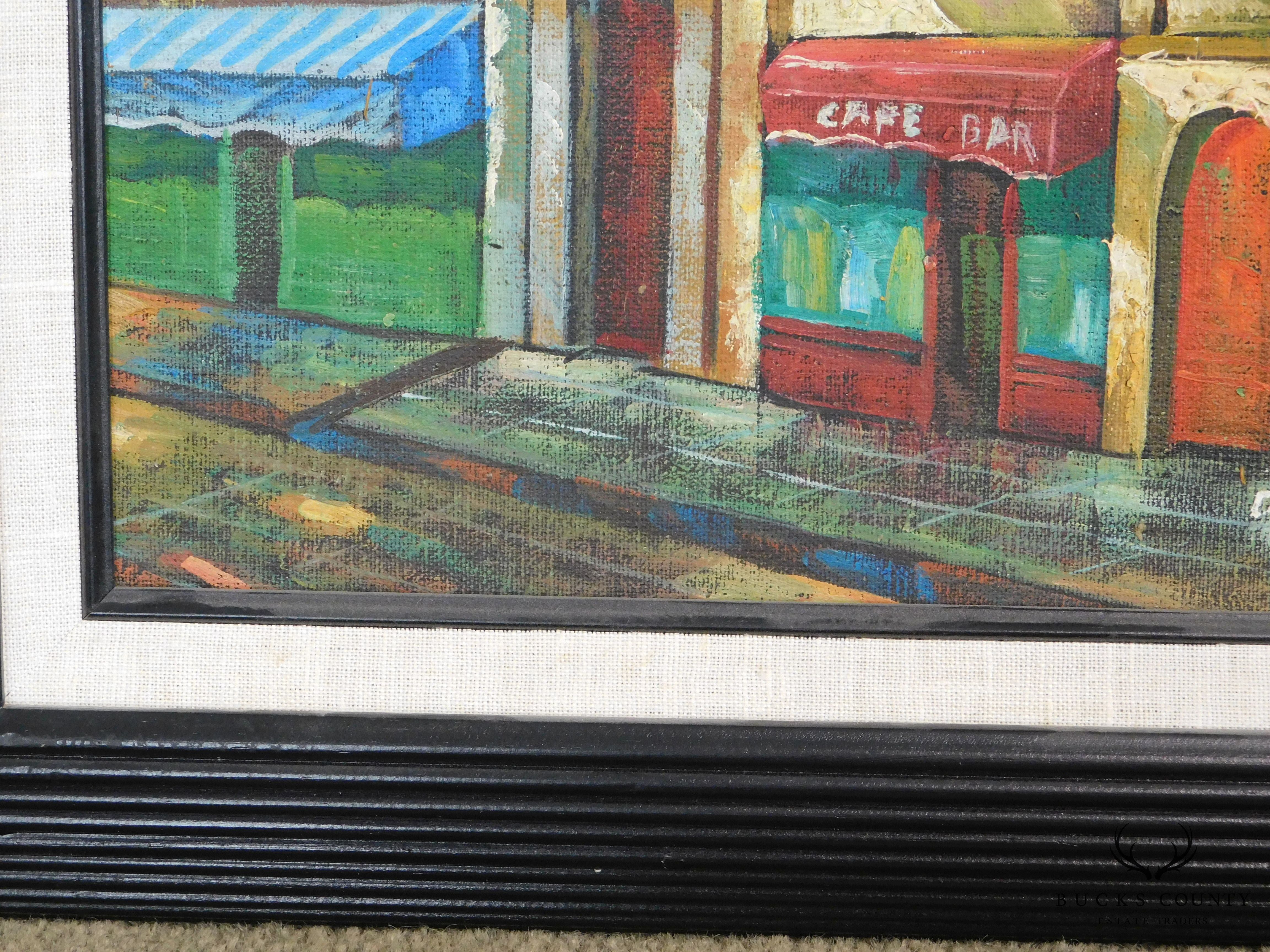 Framed Painting of French Cafe/Bar and Street Signed W. James