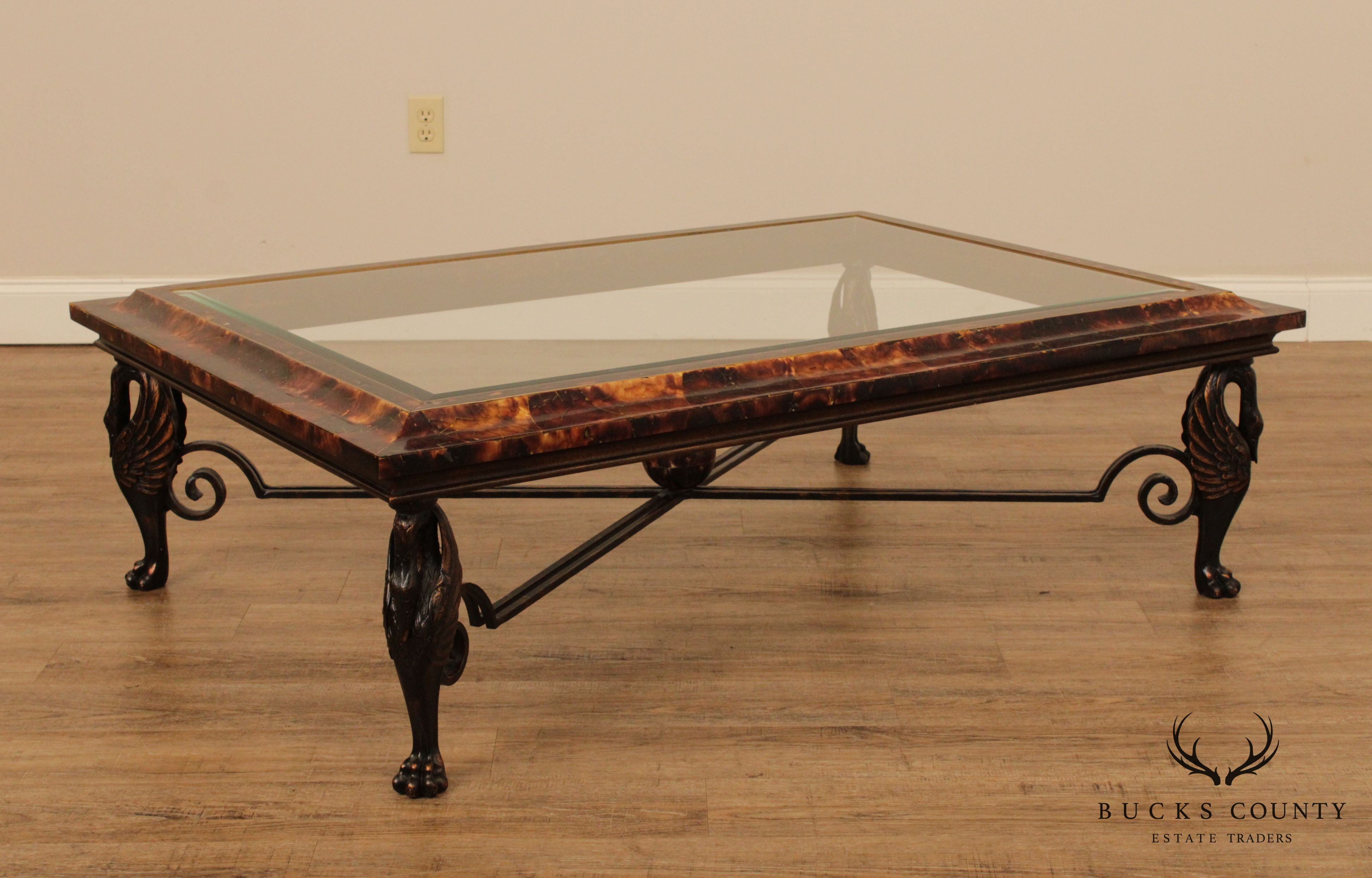 Maitland Smith Large Glass Top Faux Tortoise Shell Coffee Table w/ Swan Legs