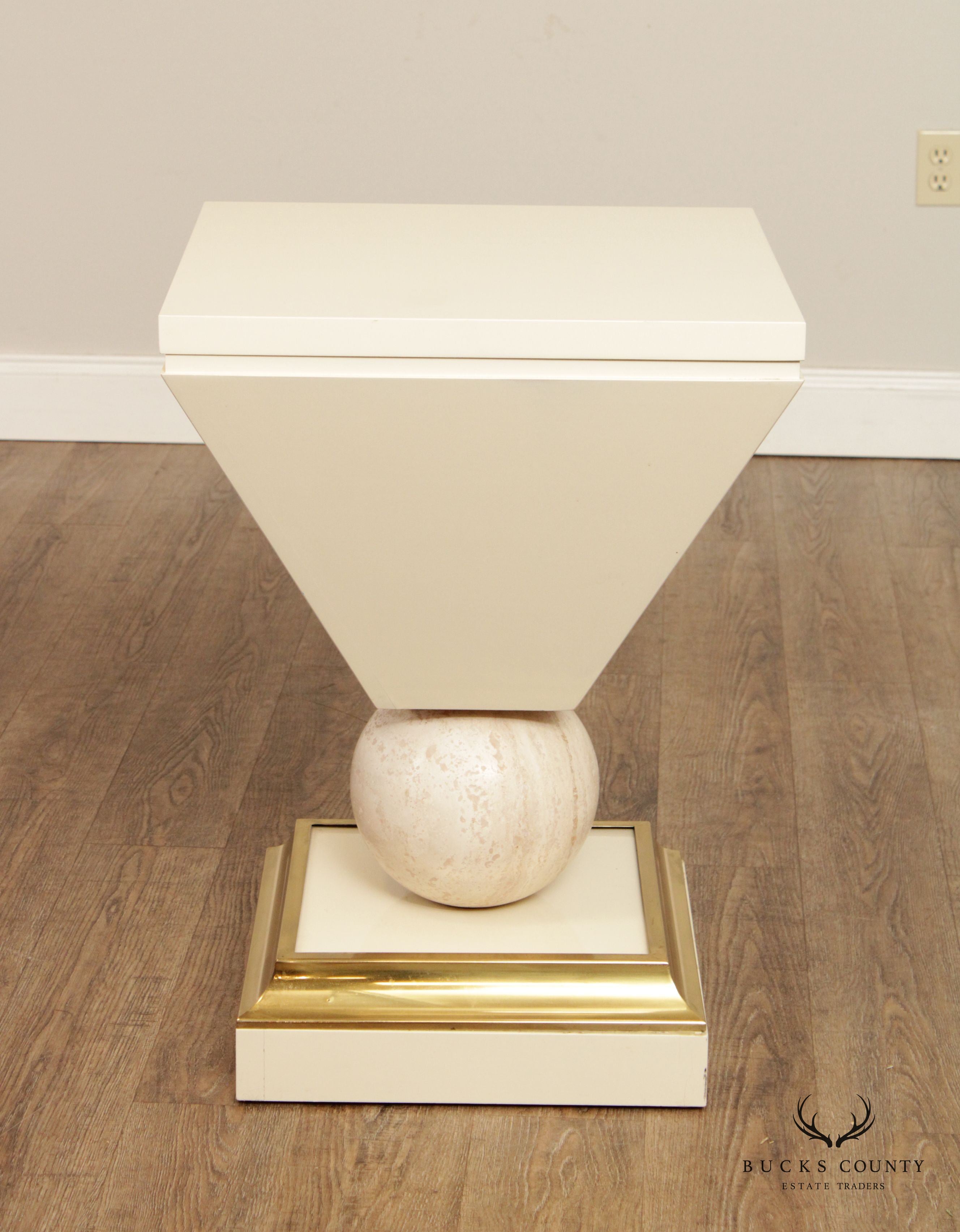 Post Modern Lacquered Pedestal Stand With Travertine Sphere