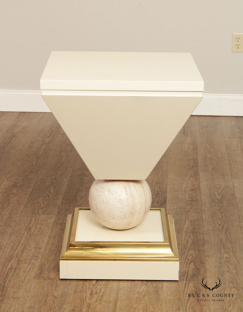 Post Modern Lacquered Pedestal Stand With Travertine Sphere