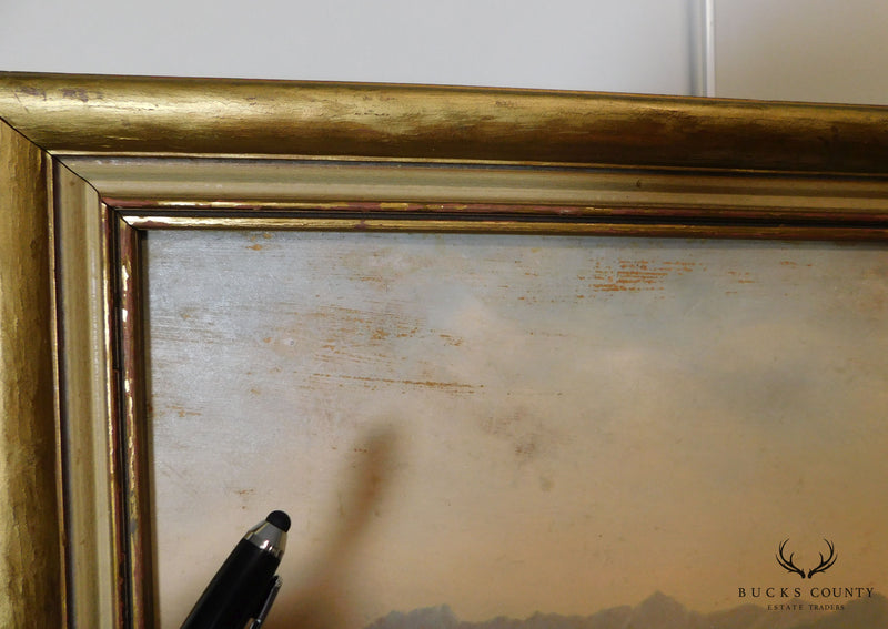 Mountain Valley Scene Framed Oil Painting On Board - Artist's Signature Illegible