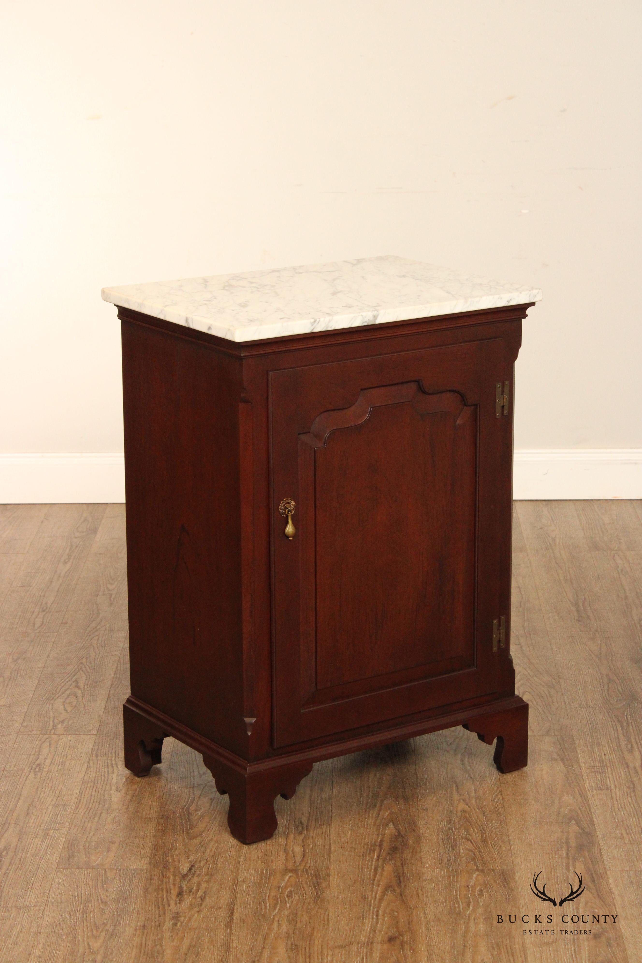 Vintage Pair Mahogany Marble Top Cabinet Nightstands