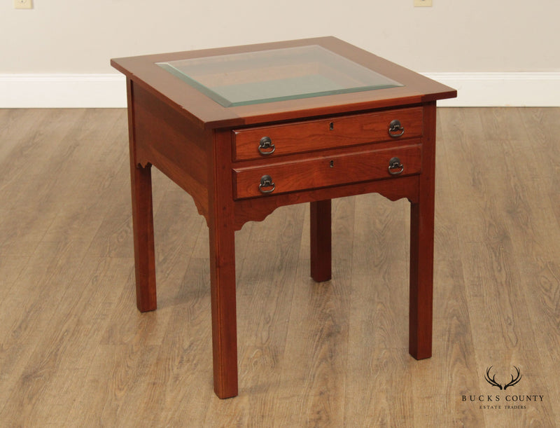 Chippendale Style Cherry Two Drawer Vitrine Curio Display Side Table