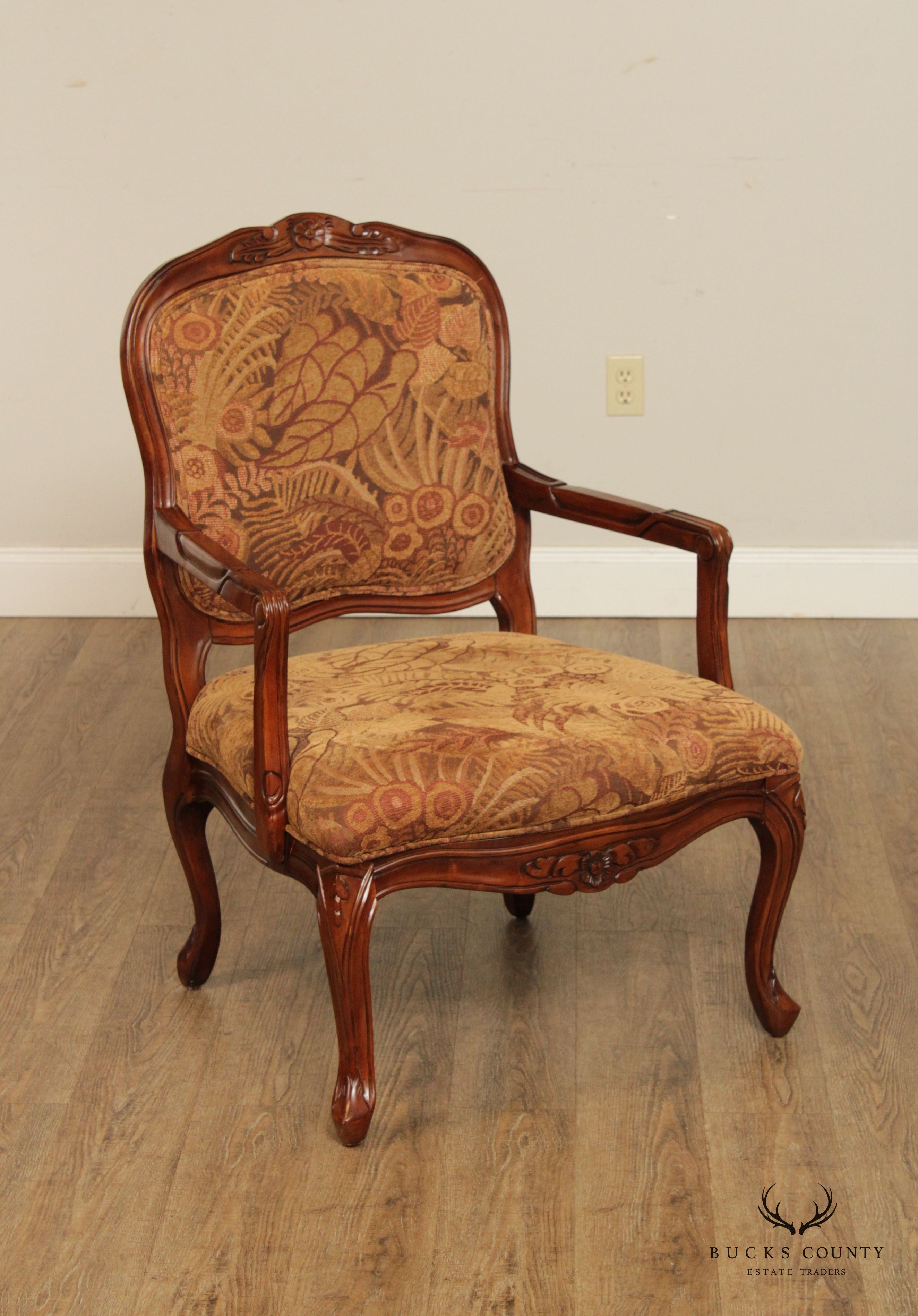 French Louis XV Style Pair of Carved Fruitwood Fauteuil Armchairs